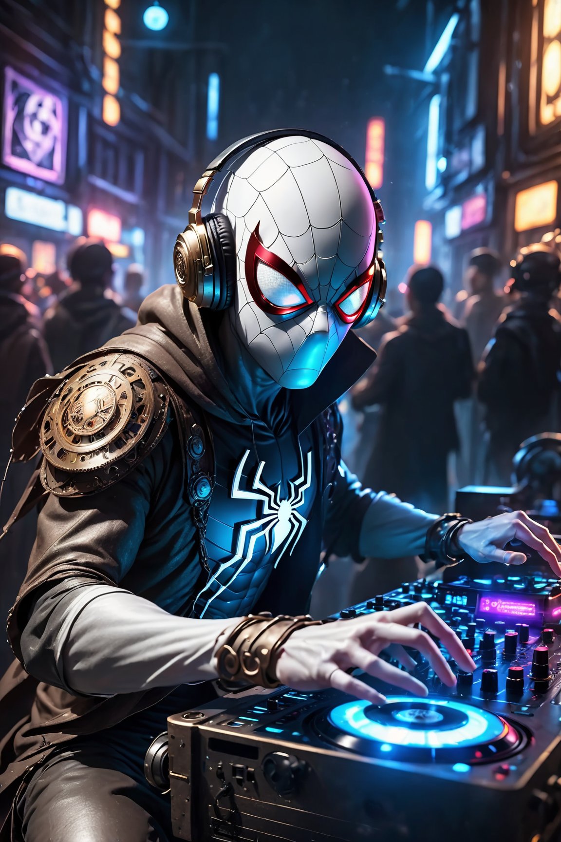 Best quality, high-res photo, cyber-steampunk style white spiderman ninja DJ in the night club, high-detailed, plays DJ instrument so passionly, cyber-steampunk style, DJ instrument, neon gears panels,  DJ headphone , crowd background, neon sparks, energic, full passion, enthusiasm, leds, sparkling, ,cyberpunk style,steampunk style