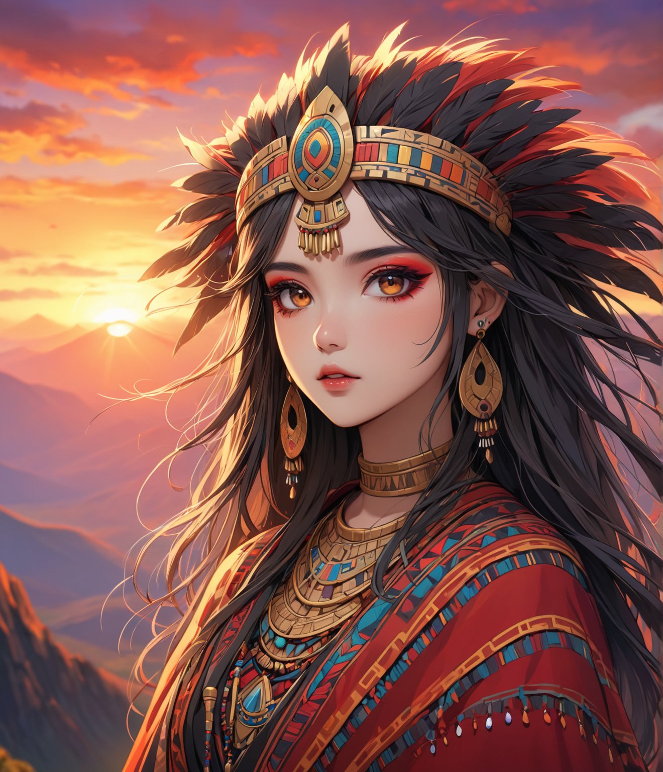 Masterpiece, 4K, ultra detailed, anime style, solo, 1 ancient Inca woman wearing a flowy cape on a mountain top, beautiful flawless face with goth makeup, dangling earrings, colorful headpiece, epic sunset, windy, more detail XL, SFW, depth of field,masterpiece