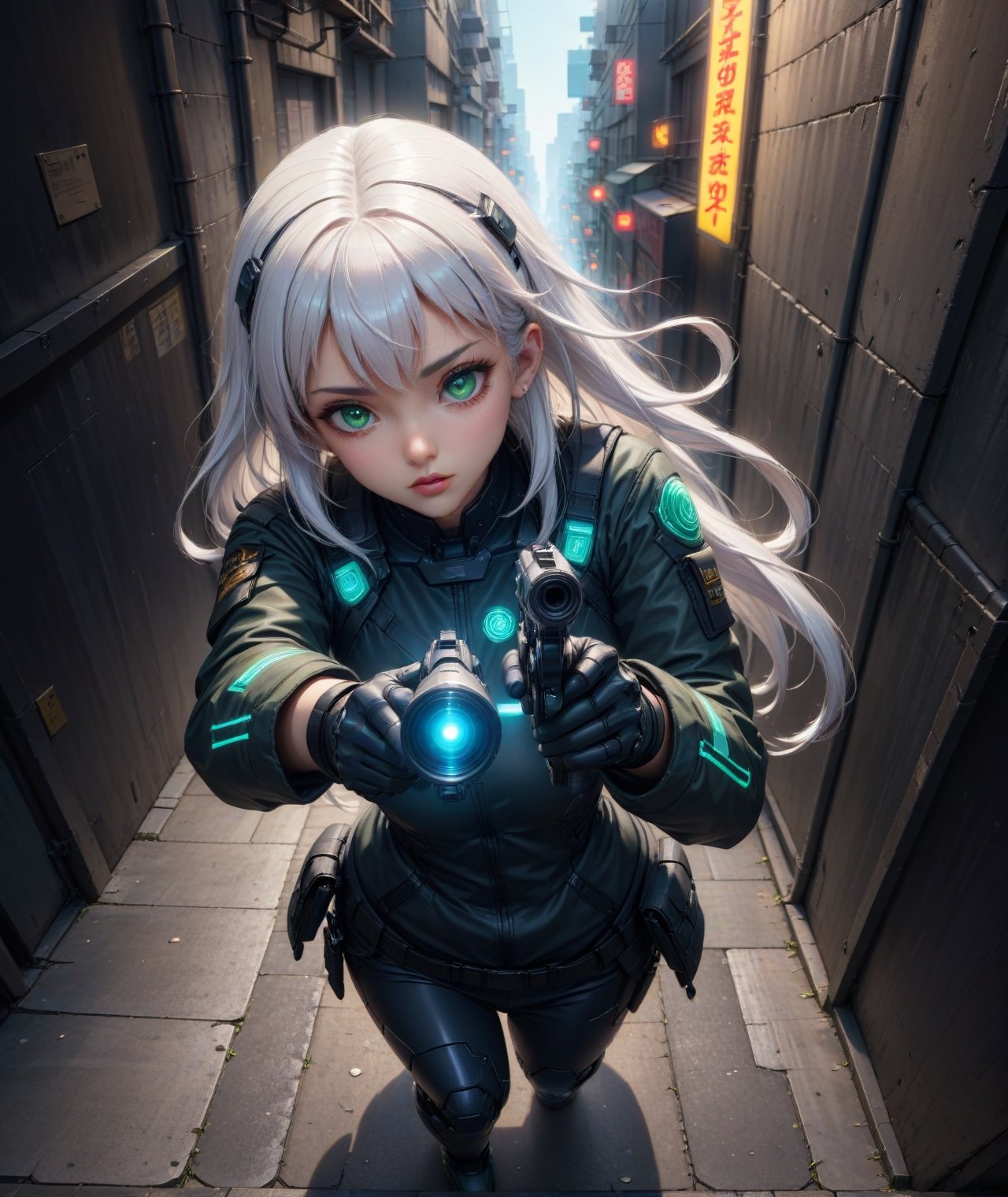 Solo, futuristic anime style, sexy white hair female fighter wearing tactical jacket, big detailed green eyes, aiming with pistol, leaning quietly in back alley with neon signs, highly detailed, (full body portrait), dynamic angle, more detail XL, wide angle lens, closeup from above, Mechanical part,<lora:659095807385103906:1.0>