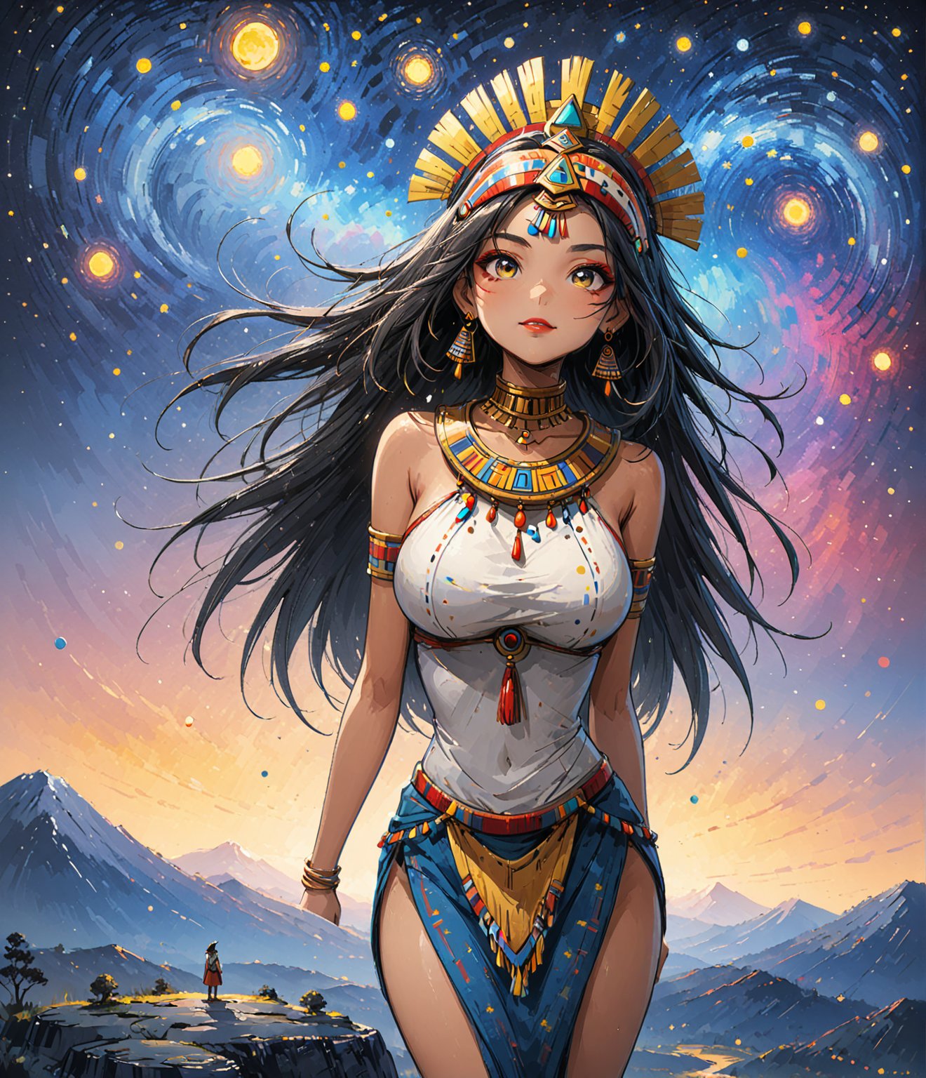 Masterpiece, 4K, ultra detailed, anime style, busty ancient Inca woman standing on mountain top, beautiful flawless face with great makeup, dangling earrings, colorful headpiece, epic starry night, windy, more detail XL, SFW, depth of field, (ukiyoe art style), 