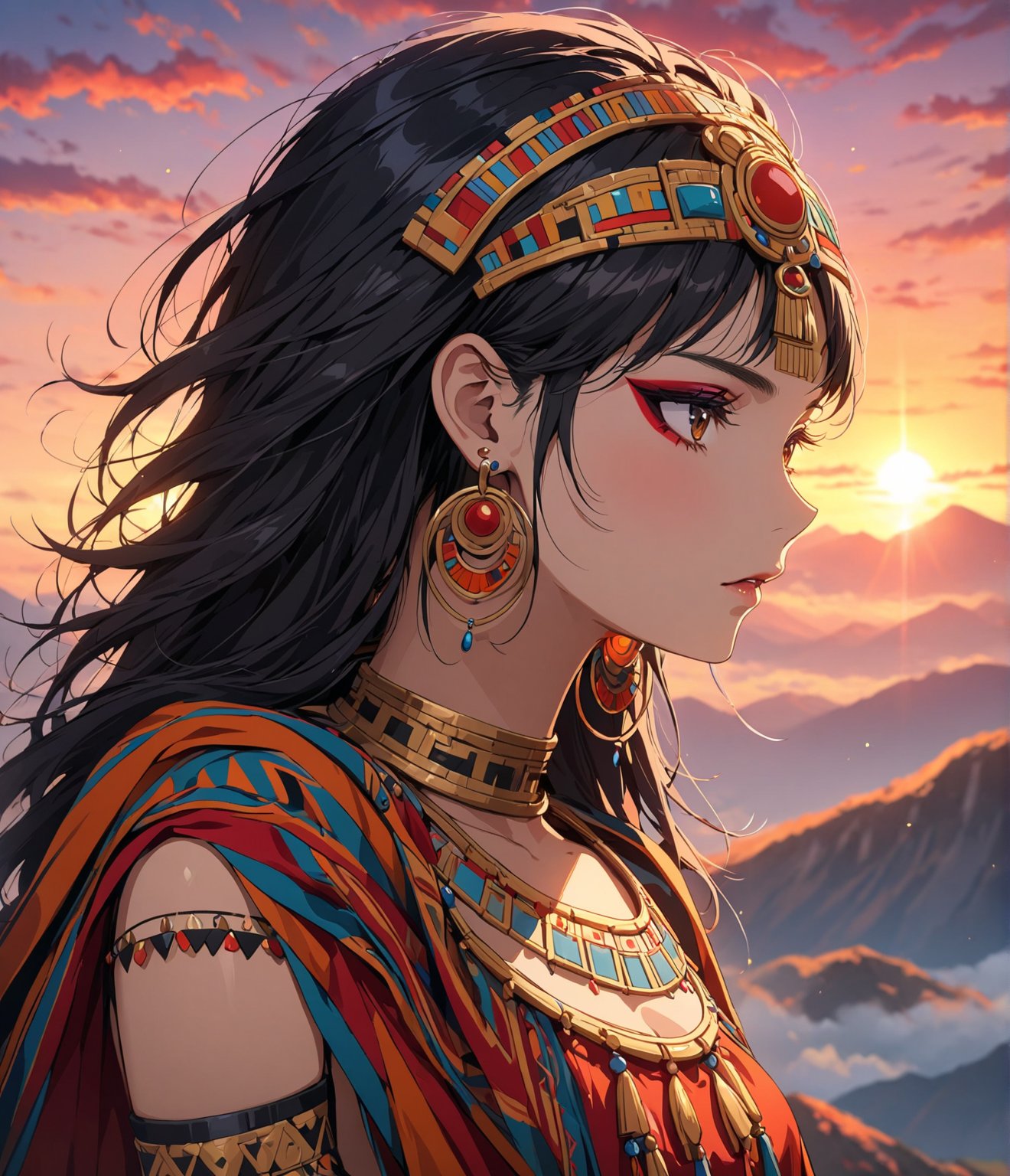 Masterpiece, 4K, ultra detailed, anime style, solo, 1 ancient Inca woman wearing a flowy cape on a mountain top, beautiful flawless face with goth makeup, dangling earrings, colorful headpiece, epic sunset, windy, more detail XL, SFW, depth of field,masterpiece