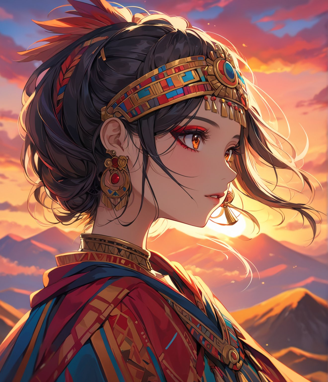 Masterpiece, 4K, ultra detailed, anime style, solo, 1 ancient Inca woman wearing a flowy cape on a mountain top, beautiful flawless face with goth makeup, dangling earrings, colorful headpiece, epic sunset, windy, more detail XL, SFW, depth of field,masterpiece