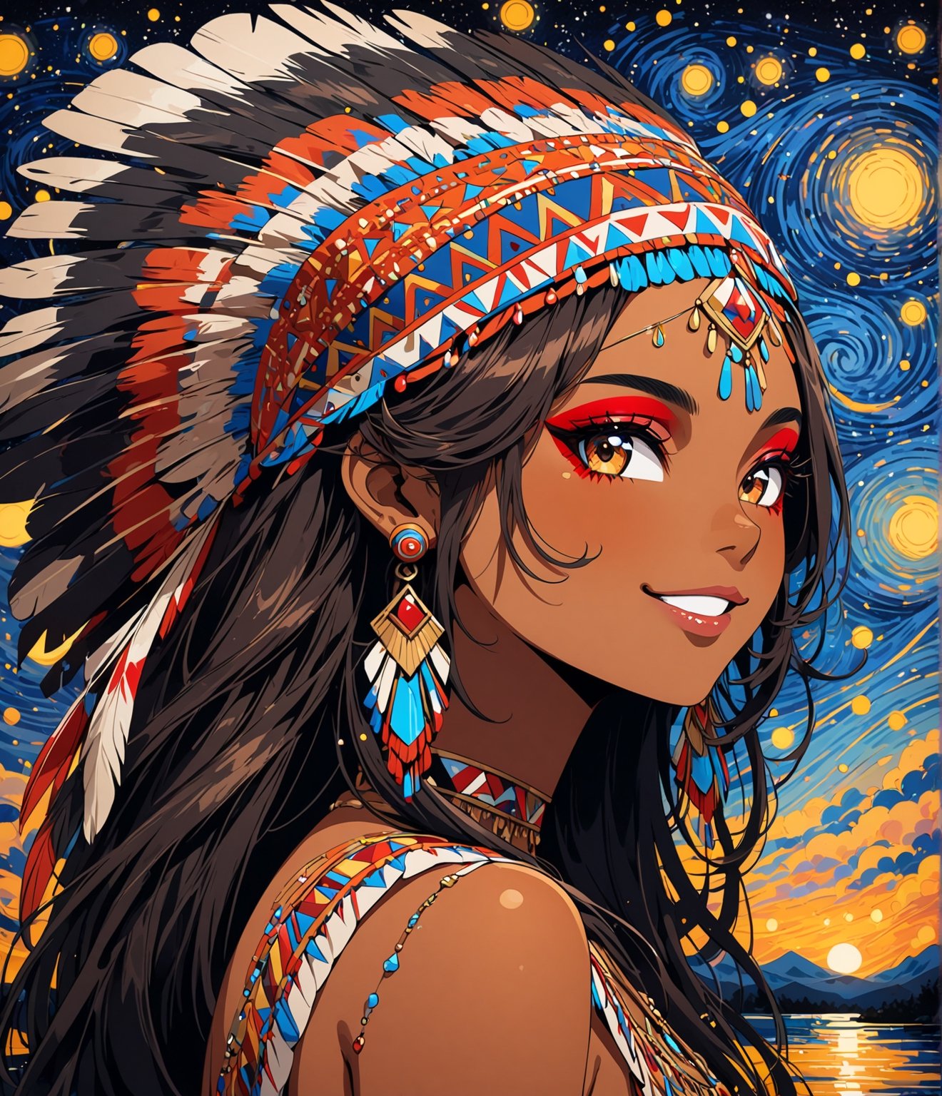 Masterpiece, 4K, ultra detailed, anime style, 1 brown skinned female American Indians chief smiling at viewers, beautiful flawless face with glamourous makeup, dangling earrings, more detail XL, SFW, starry night, depth of field, ,Ink art