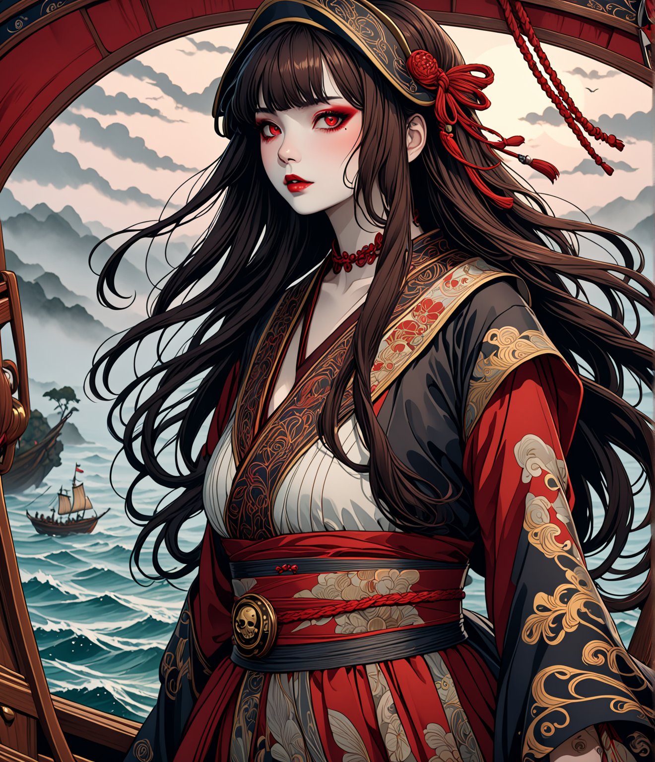 Masterpiece, 4K, ultra detailed, beautiful long braided brown hair pirates woman on a haunted sailboat, glowing red eyes with goth makeup, busty, foggy and windy, SFW, depth of field, (ukiyoe art style), Details, ((art Nouveau style)),