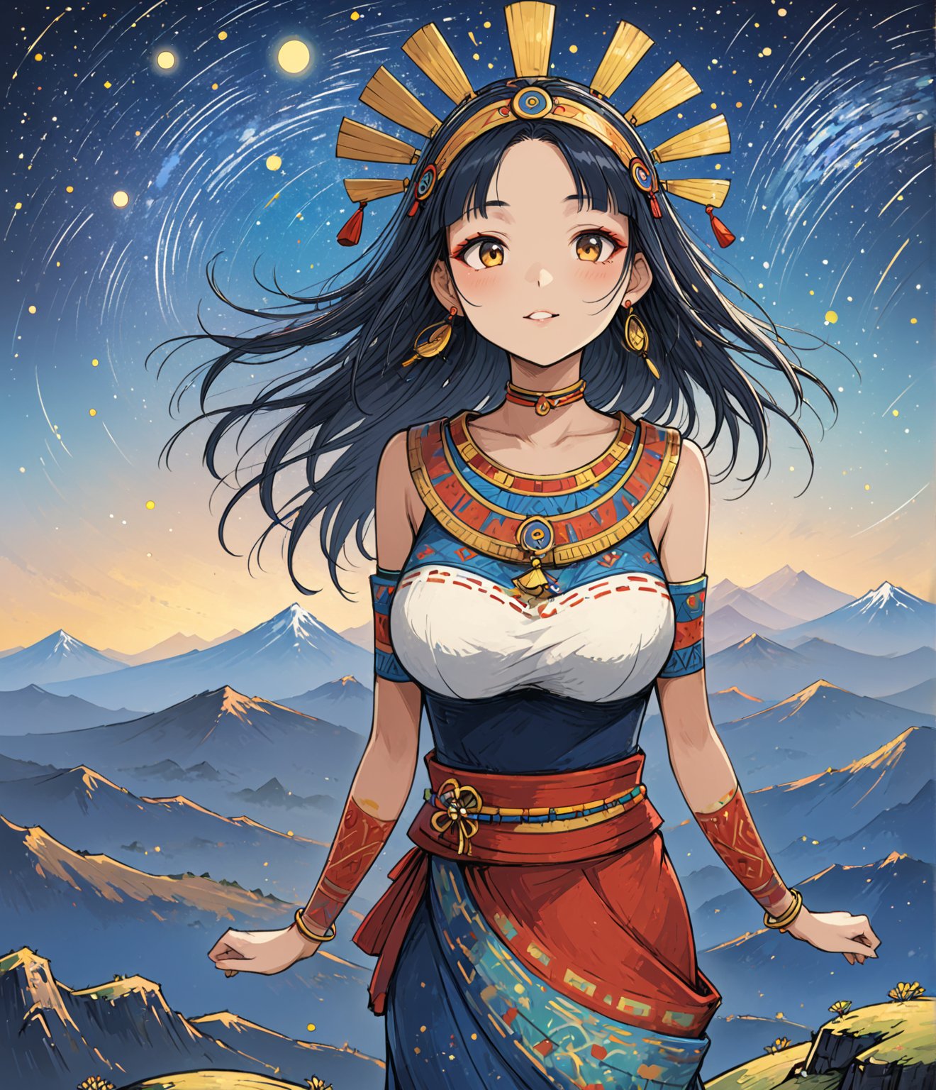 Masterpiece, 4K, ultra detailed, anime style, busty ancient Inca woman standing on mountain top, beautiful flawless face with great makeup, dangling earrings, colorful headpiece, epic starry night, windy, more detail XL, SFW, depth of field, (ukiyoe art style), 