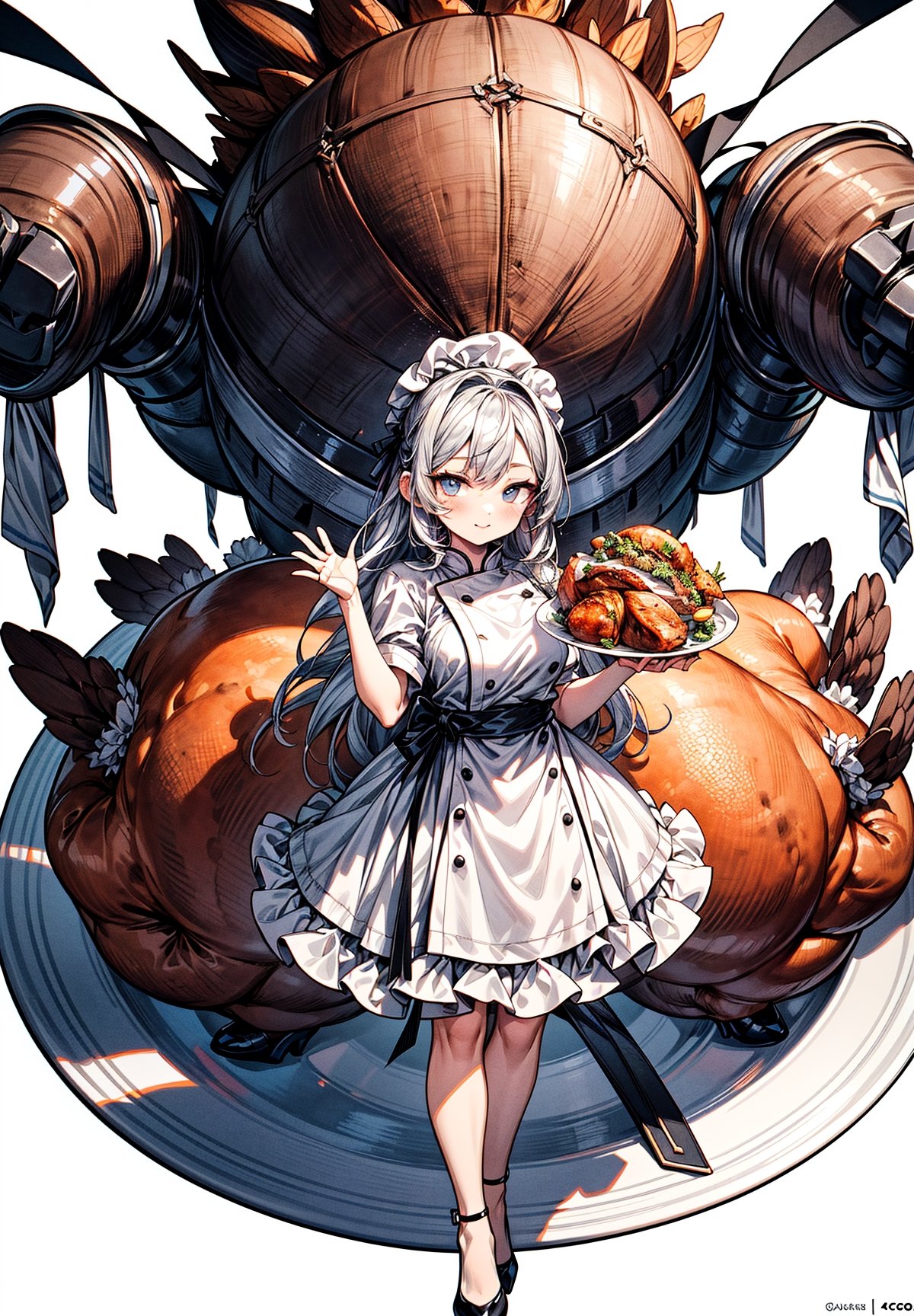 A beautiful chibi woman chef wearing a white and silver dress with high heels, presenting her first well roasted huge turkey on a plate, both hands holding the plate with huge turkey on top, intricated pose, big beautiul eyes, photorealistic, 4K, cool tone colors, full body portrait, holidays setting,ANIME 