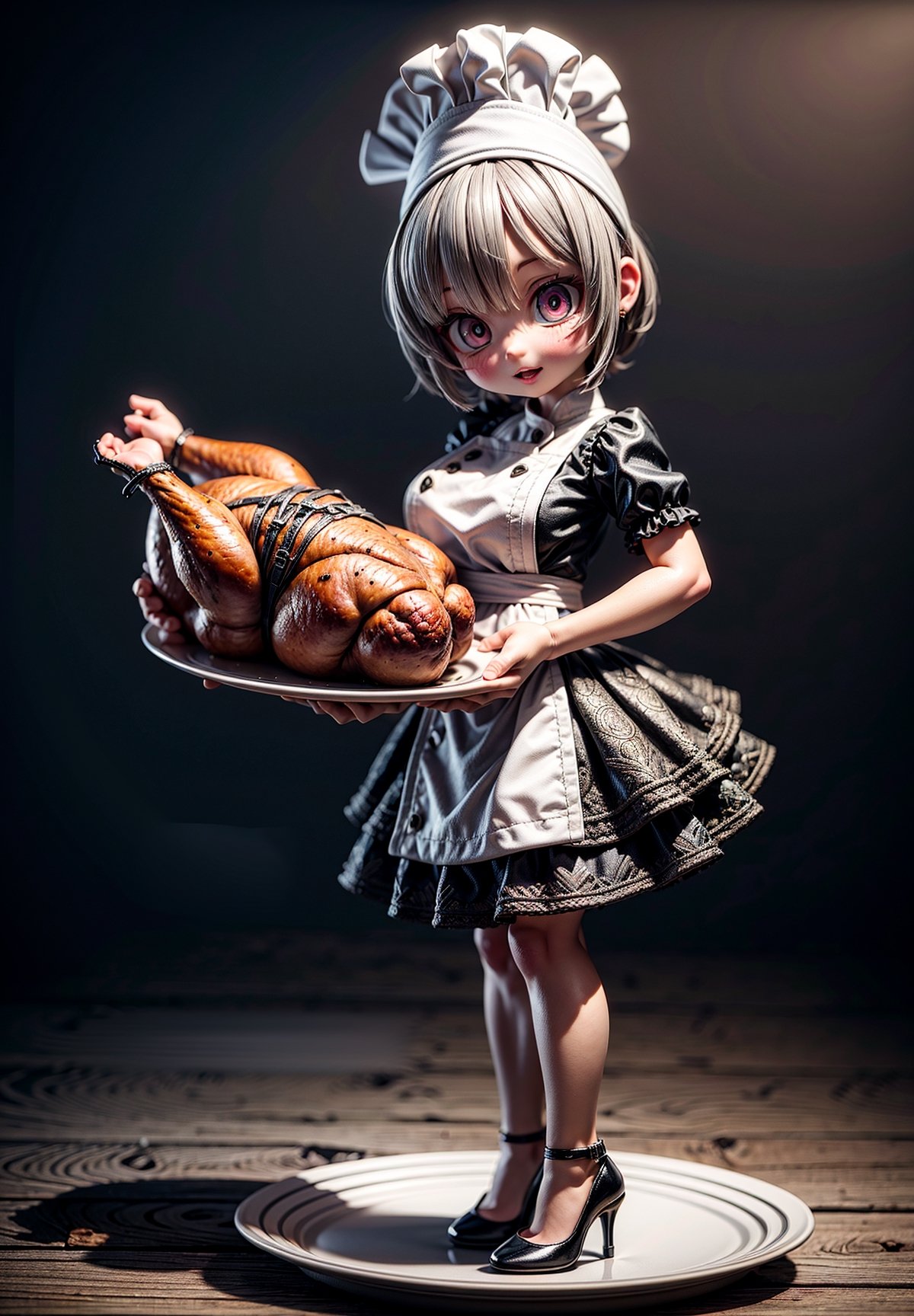 A beautiful chibi woman chef wearing a white and silver dress with high heels, presenting her first well roasted huge turkey on a plate, both hands holding the plate with huge turkey on top, intricated pose, big beautiul eyes, photorealistic, 4K, cool tone colors, full body portrait, holidays setting,
