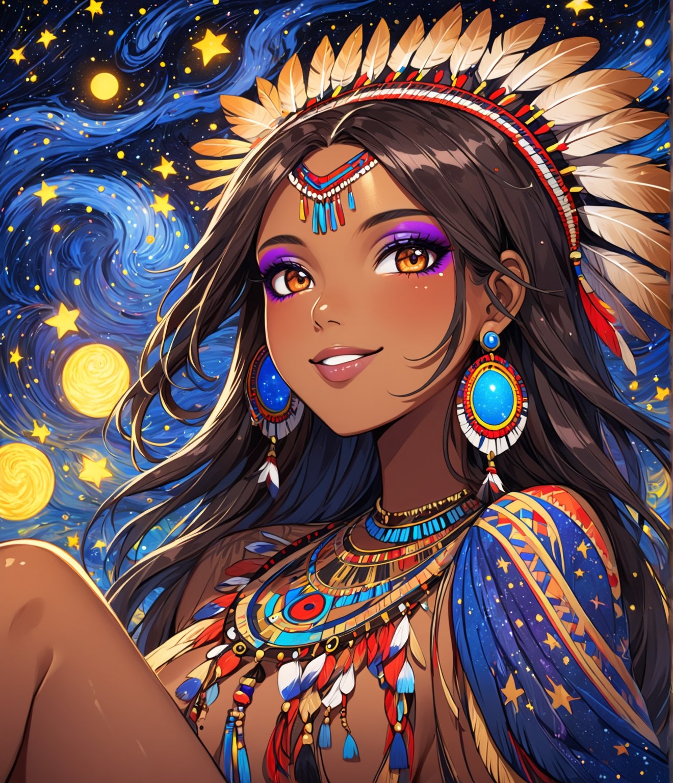 Masterpiece, 4K, ultra detailed, anime style, 1 brown skinned female American Indians chief smiling at viewers, beautiful flawless face with glamourous makeup, dangling earrings, more detail XL, SFW, starry night, depth of field, ,Ink art