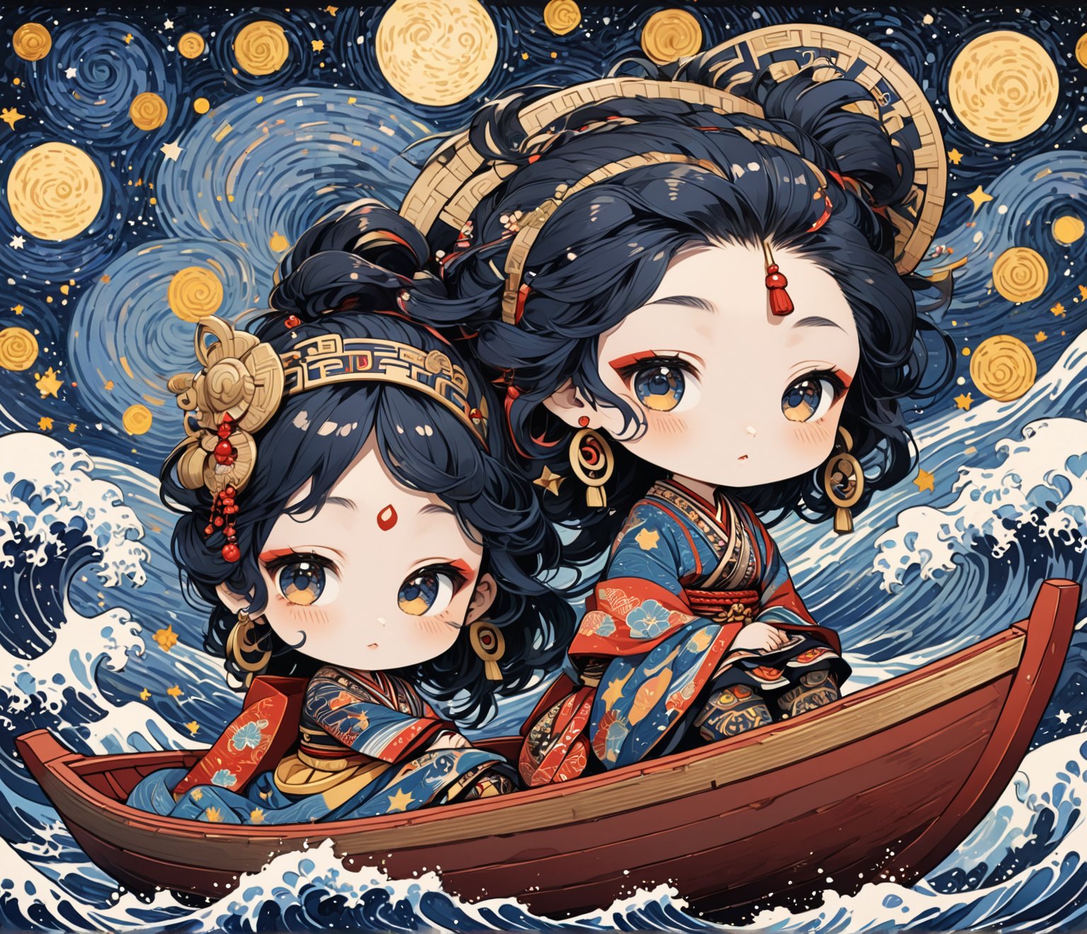 Masterpiece, 4K, ultra detailed, chibi anime style, solo, 1 busty ancient Inca woman sitting on a tiny wooden boat, beautiful flawless face with great makeup, dangling earrings, colorful headpiece, epic starry night, windy, more detail XL, SFW, depth of field, (ukiyoe art style), Ink art,Deformed, 