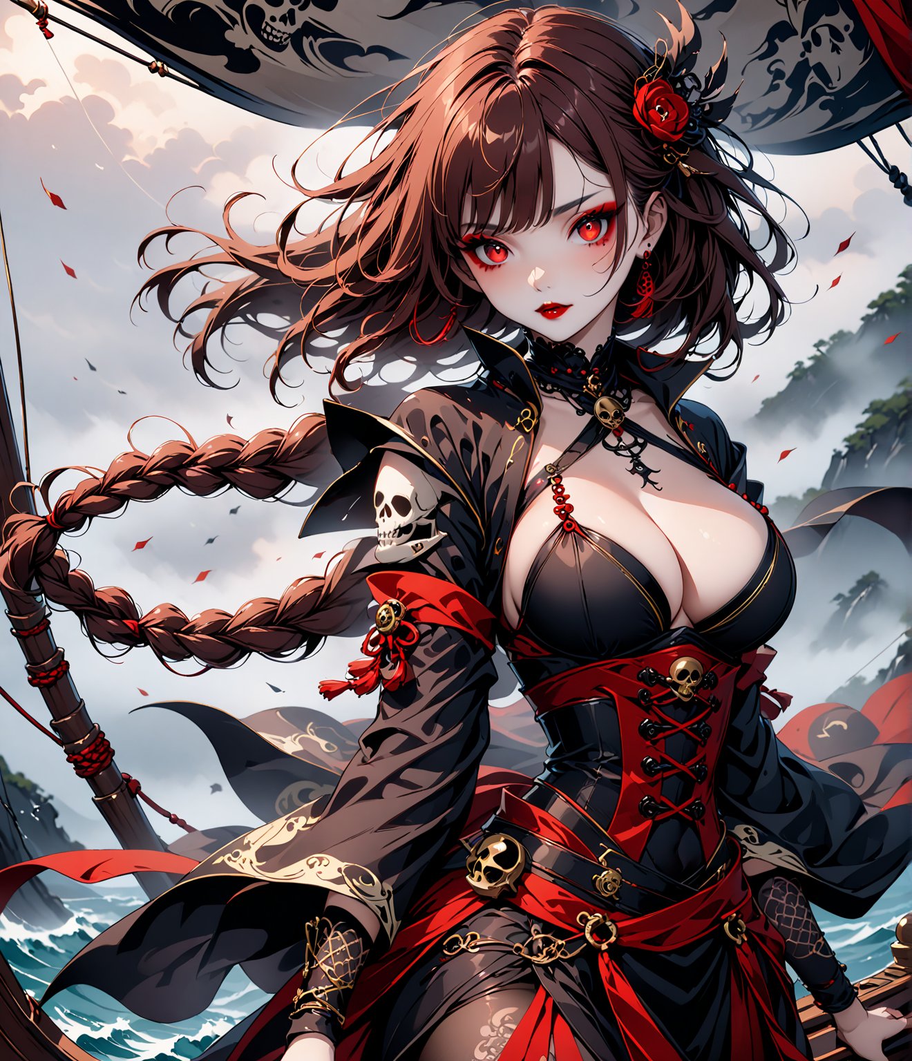 Masterpiece, 4K, ultra detailed, beautiful long braided brown hair pirates woman on a haunted sailboat, glowing red eyes with goth makeup, busty, foggy and windy, more detail XL, SFW, depth of field, (ukiyoe art style), Details,