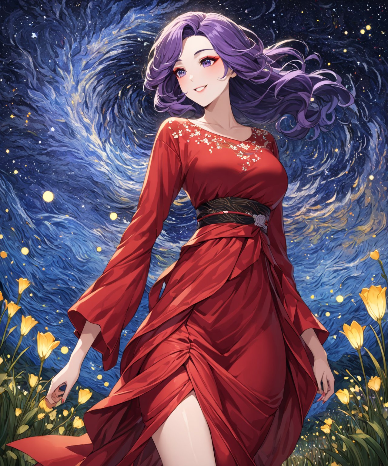 Masterpiece, 4K, ultra detailed, beautiful black and purple ombre hair mature woman walking in a flowering pathway wearing short sparkly red satin dress, perfect makeup and smiling, epic starry night, windy, more detail XL, SFW, depth of field, (ukiyoe art style),