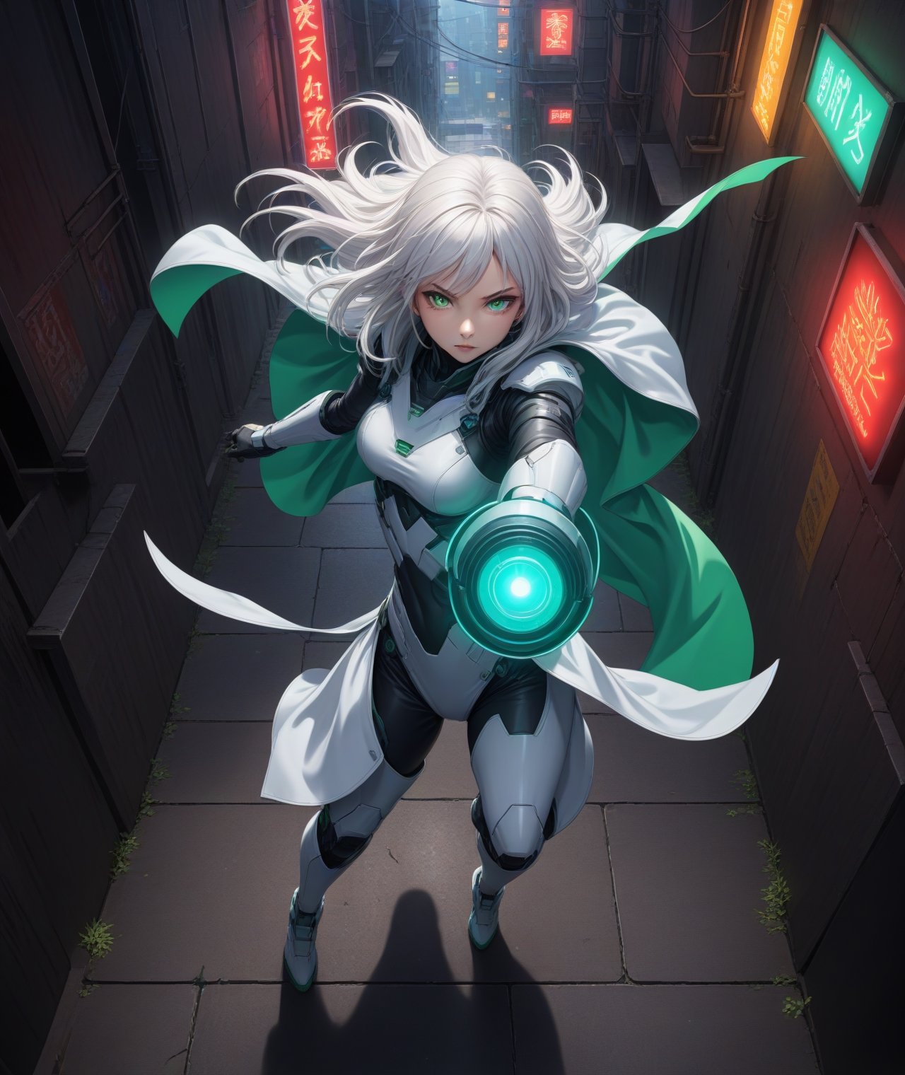 Solo, futuristic anime style, sexy white hair female fighter wearing long cape, big detailed green eyes, fighting action poses, in back alley with neon signs, highly detailed, (full body portrait), dynamic angle, more detail XL, wide angle lens, from above, Mechanical part,<lora:659095807385103906:1.0>