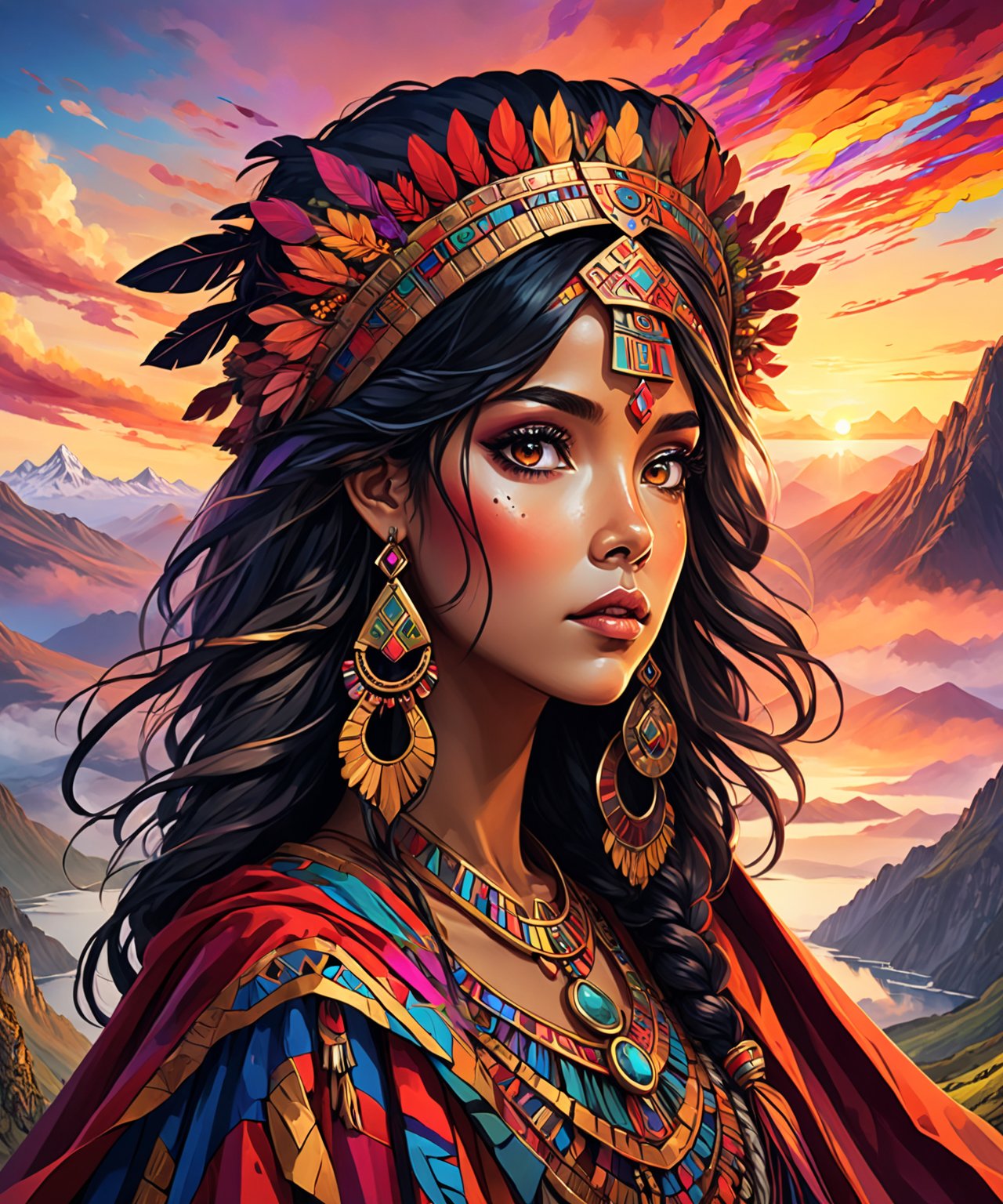 Masterpiece, 4K, ultra detailed, anime style, solo, 1 ancient Inca woman wearing a flowy cape on a mountain top, beautiful flawless face with goth makeup, dangling earrings, colorful headpiece, epic sunset, windy, more detail XL, SFW, depth of field, Ink art,