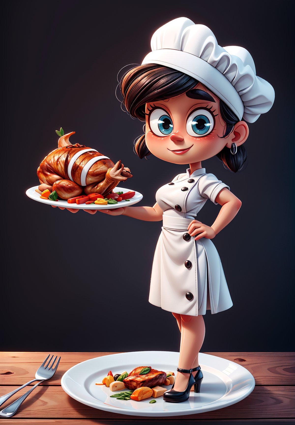 A beautiful chibi woman chef wearing a white and silver dress with high heels, presenting her first well roasted huge turkey on a plate, both hands holding the plate with huge turkey on top, intricated pose, big beautiul eyes, photorealistic, 4K, cool tone colors, full body portrait, holidays setting,