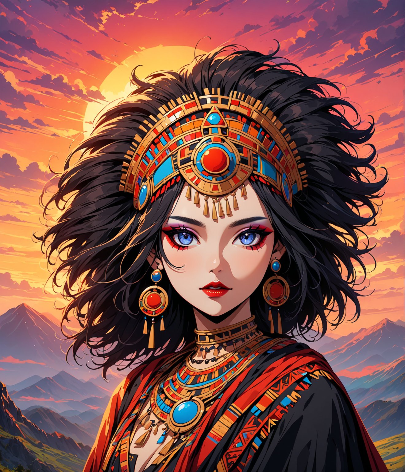 Masterpiece, 4K, ultra detailed, anime style, solo, 1 ancient Inca woman wearing a flowy cape on a mountain top, beautiful flawless face with goth makeup, dangling earrings, colorful headpiece, epic sunset, windy, more detail XL, SFW, depth of field,masterpiece,best quality,Ink art