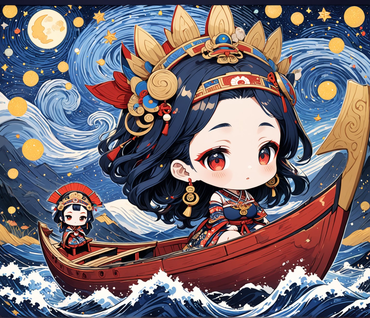 Masterpiece, 4K, ultra detailed, chibi anime style, busty ancient Inca woman sitting on a tiny wooden boat, beautiful flawless face with great makeup, dangling earrings, colorful headpiece, epic starry night, windy, more detail XL, SFW, depth of field, (ukiyoe art style), Ink art,Deformed, 