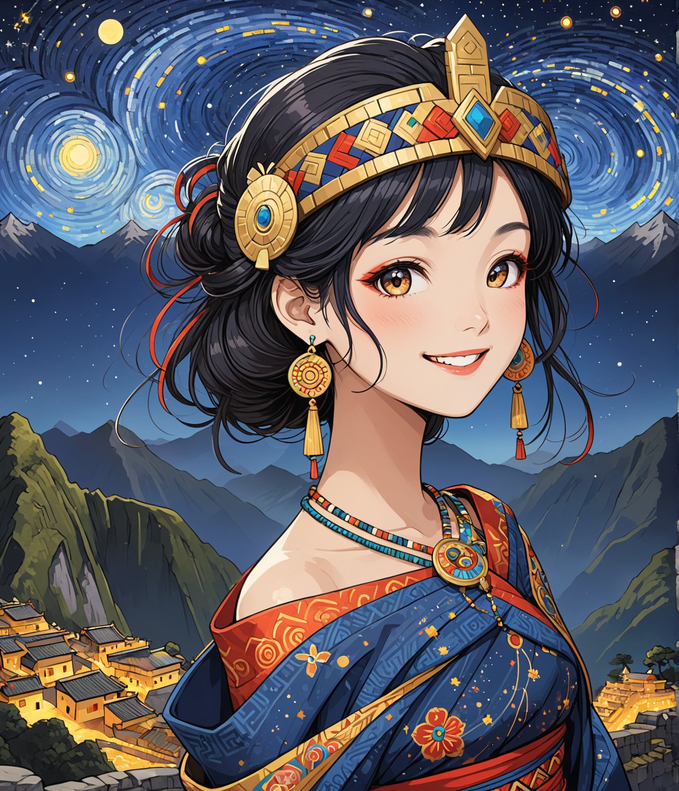 Masterpiece, 4K, ultra detailed, anime style, mature and elegant Inca woman standing on Machu Picchu, beautiful flawless face with great makeup smiling, dangling earrings, colorful headpiece, epic starry night, windy, more detail XL, SFW, depth of field, (ukiyoe art style),