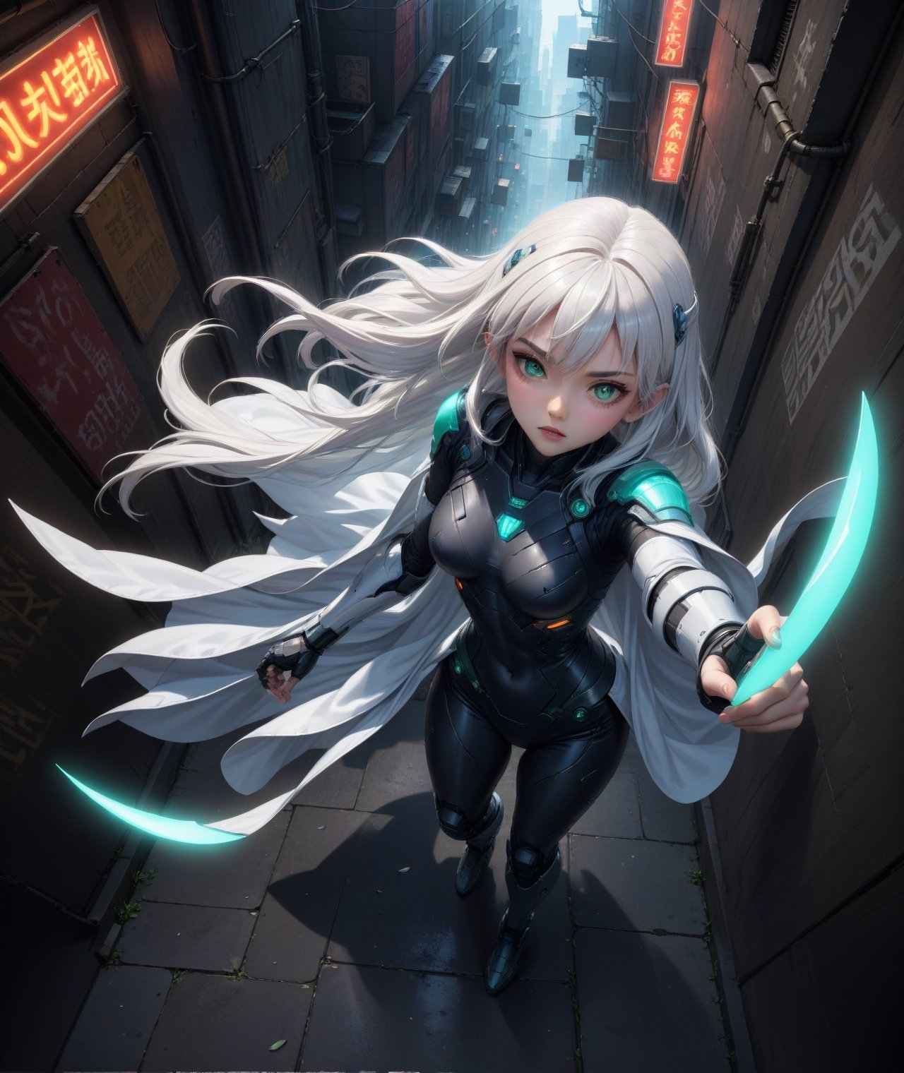 Solo, futuristic anime style, sexy white hair female fighter wearing long cape, big detailed green eyes, fighting action poses, in back alley with neon signs, highly detailed, (full body portrait), dynamic angle, more detail XL, wide angle lens, closeup from above, Mechanical part,<lora:659095807385103906:1.0>