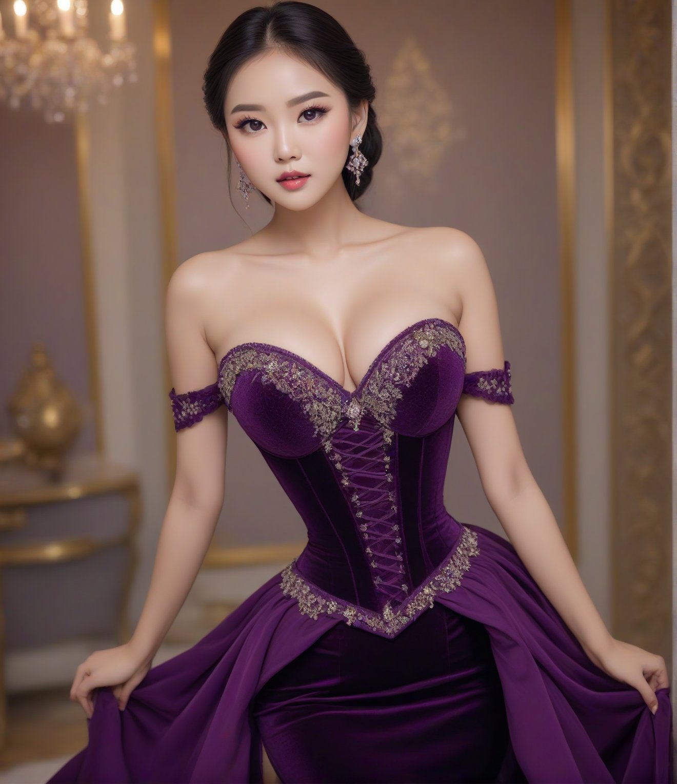 Masterpiece, 4K, ultra detailed, beautiful busty Asian lady with glamorous makeup, beautiful bright eyes and  glossy lips, dangling crystal earrings, tight corset, purple velvet dress with lace trimming, depth of field, SFW,WEARING HAUTE_COUTURE DESIGNER DRESS