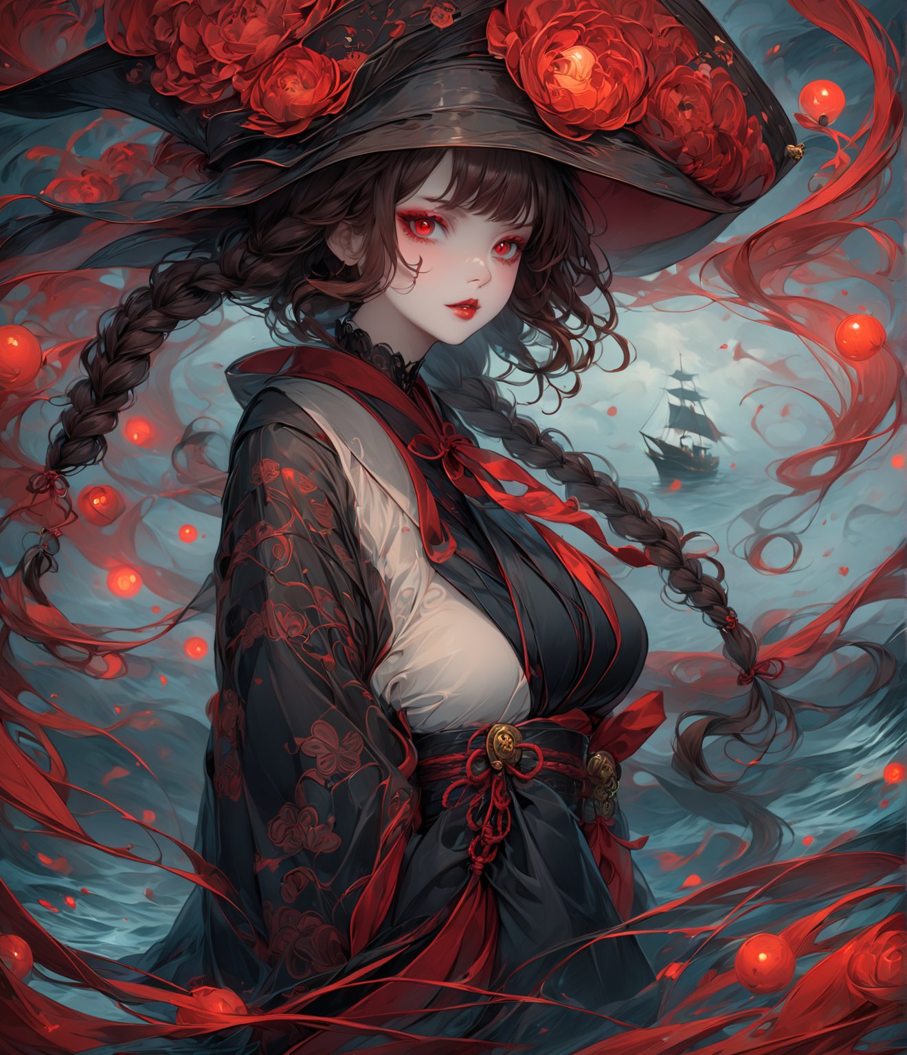 Masterpiece, 4K, ultra detailed, beautiful long braided brown hair pirates woman on a haunted sailboat, glowing red eyes with goth makeup, busty, foggy and windy, SFW, depth of field, (ukiyoe art style), Details, ((art Nouveau style)),