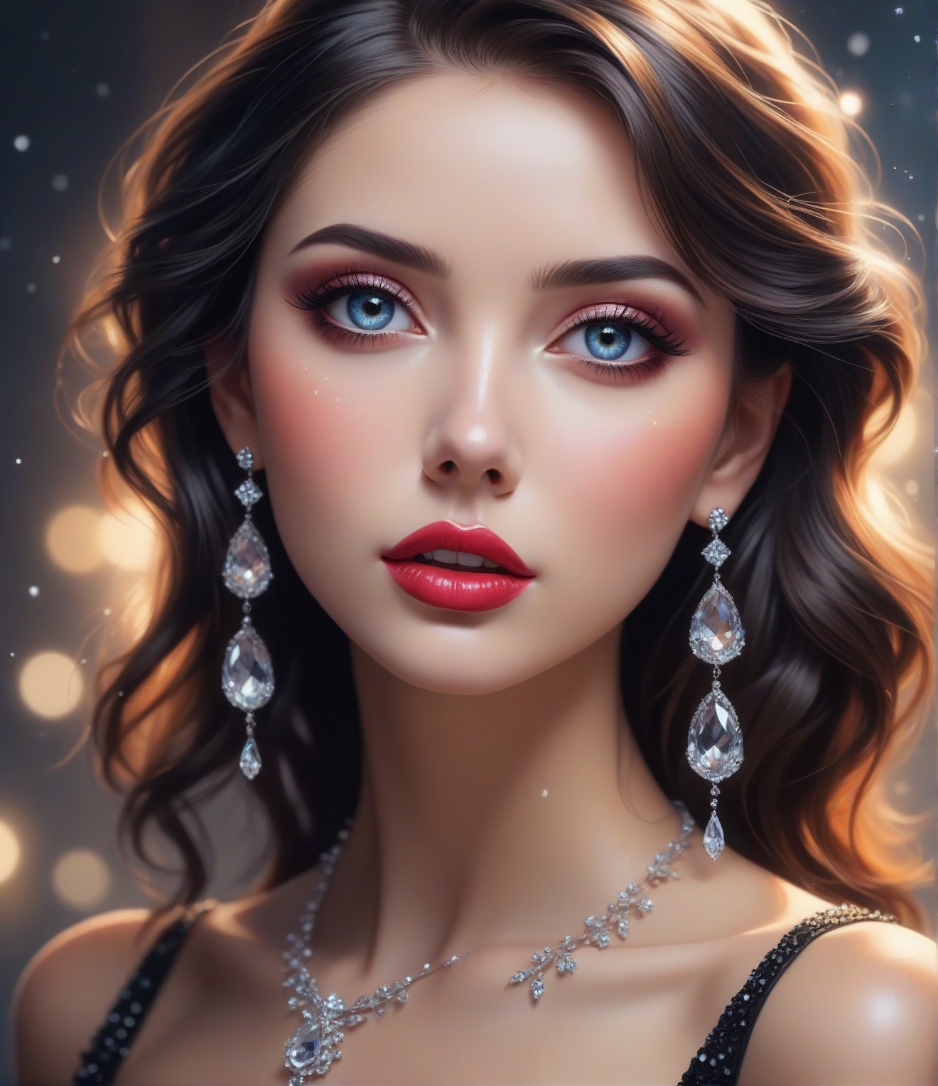 Masterpiece, 4K, ultra detailed, beautiful lady with glamorous makeup, beautiful bright eyes and  glossy lips, dangling crystal earrings, depth of field, SFW, dreamy background ,Ink art