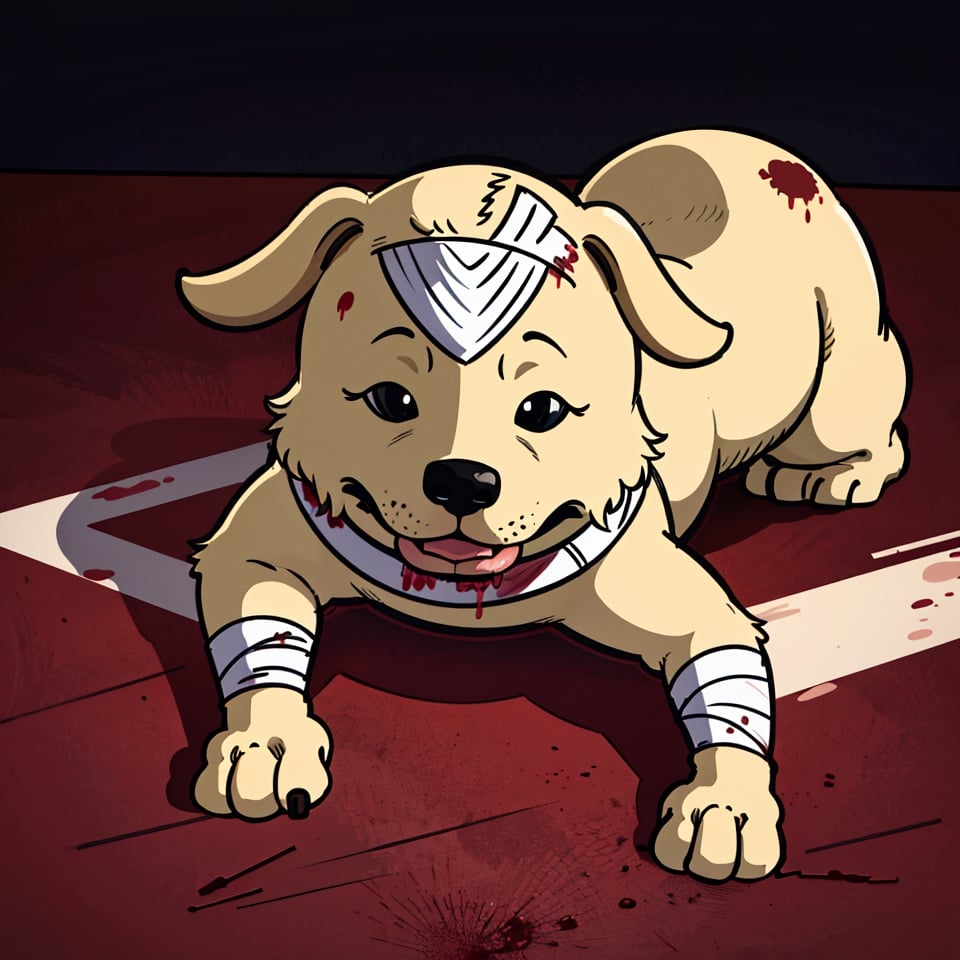 (masterpiece), (best quality:1.6), studio lighting, (uncompressed image), (linear:1.1), absurdities, official art, (sharp focus), 8k UHD, high resolution, A wounded, bleeding dog with blood-soaked bandages and visibly injured.