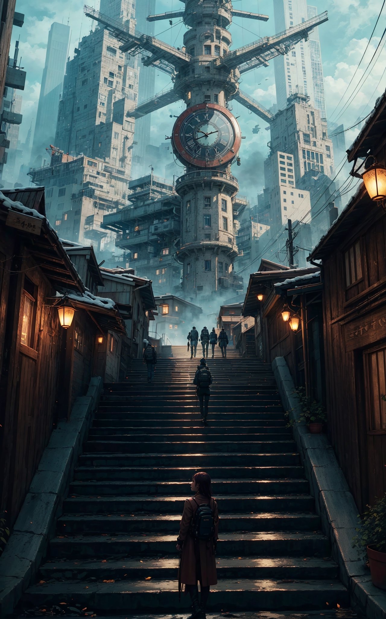 (best quality, 4k, 8k, highres, masterpiece:1.2), ultra-detailed, hyper-realistic, 1girl, top of endless Staircase, watching endless Staircase city, cyperpunk style, endless flying Lantern lighting, endless people, cyborg style, HZ Steampunk, cyborg style, cyborg, Movie Still, Film Still, ink scenery, insane details, perfecteyes, insane details, high details ,insane details ,DonMF41ryW1ng5,high details,Dreamwave,fantasy00d