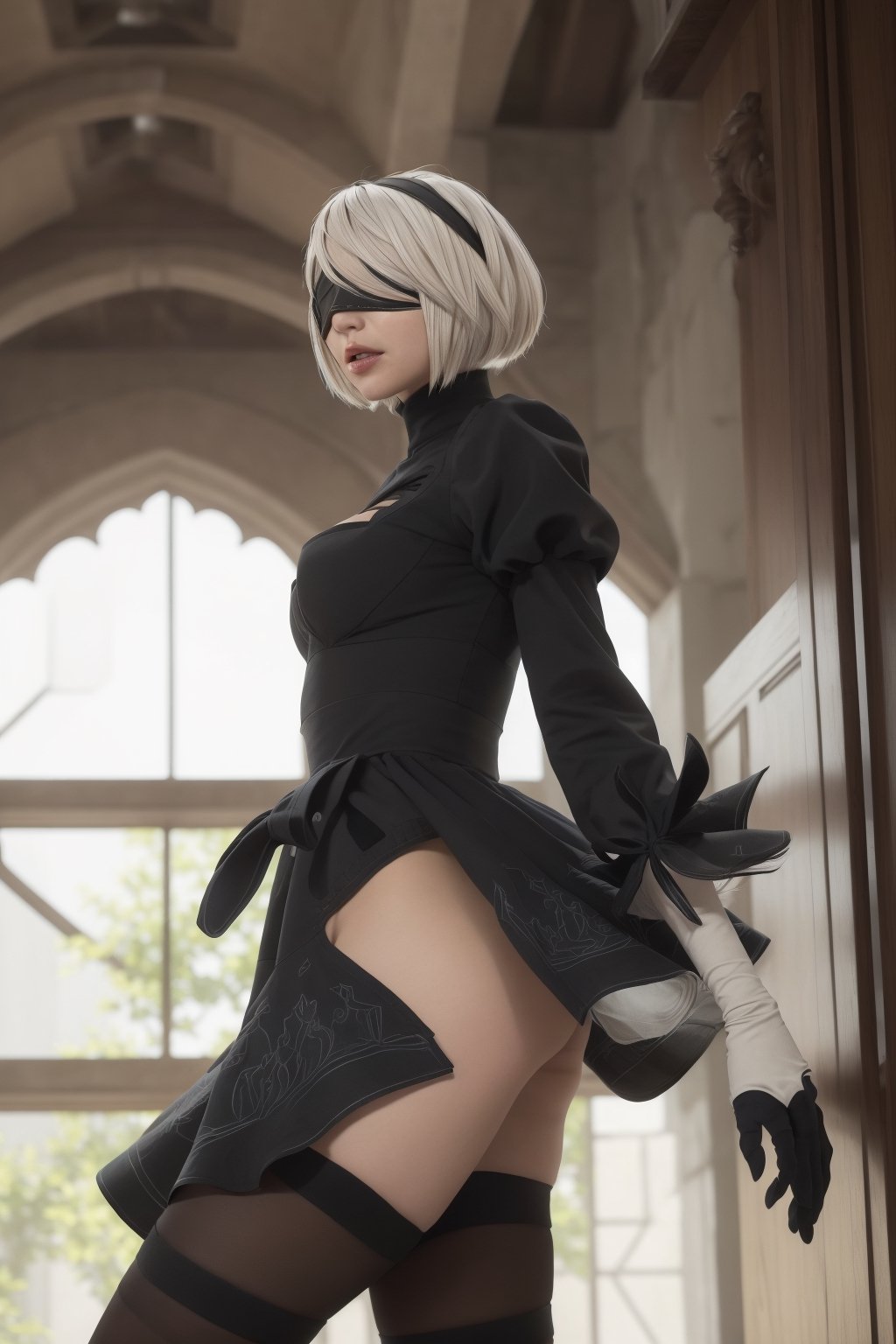 masterpiece, best quality, highres, 18yo girl 2B, Nier automata, narrow waist, blindfold, long sleeves, puffy sleeves, juliet sleeves, black hairband, yorha no. 2 type b, n_2b, Beautiful, long legs, side view, bending over 