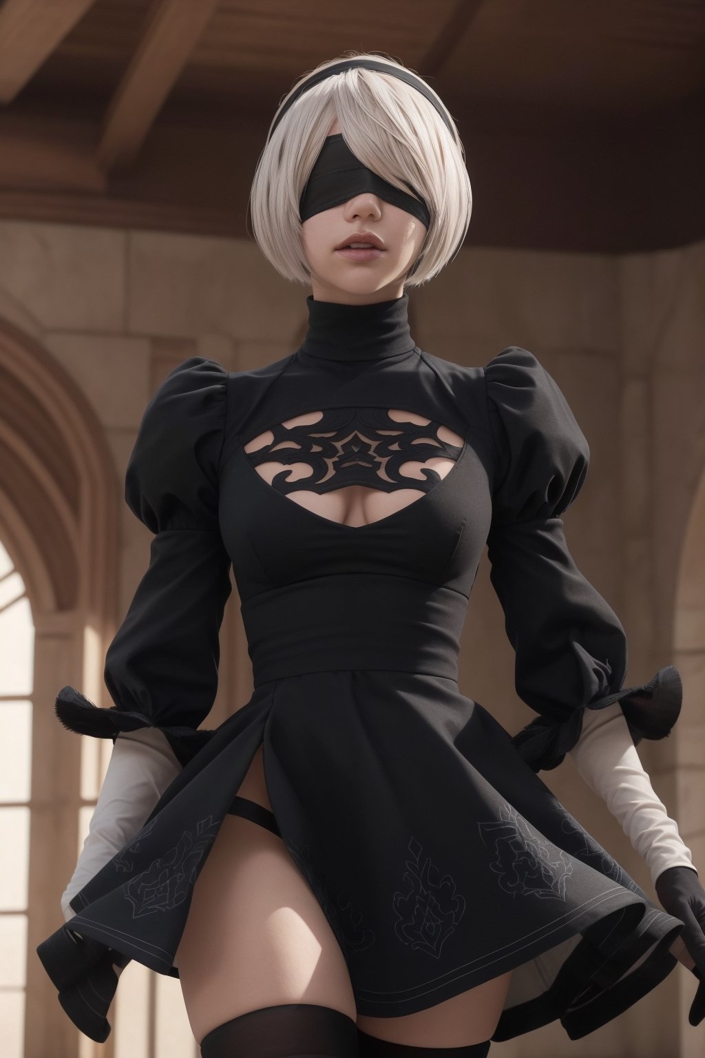 Hyper realistic, masterpiece, best quality, highres, 18yo girl 2B, slender waist, blindfold, long sleeves, puffy sleeves, juliet sleeves, black hairband, black dress, skirt, yorha no. 2 type b, n_2b, Beautiful close up portrait 