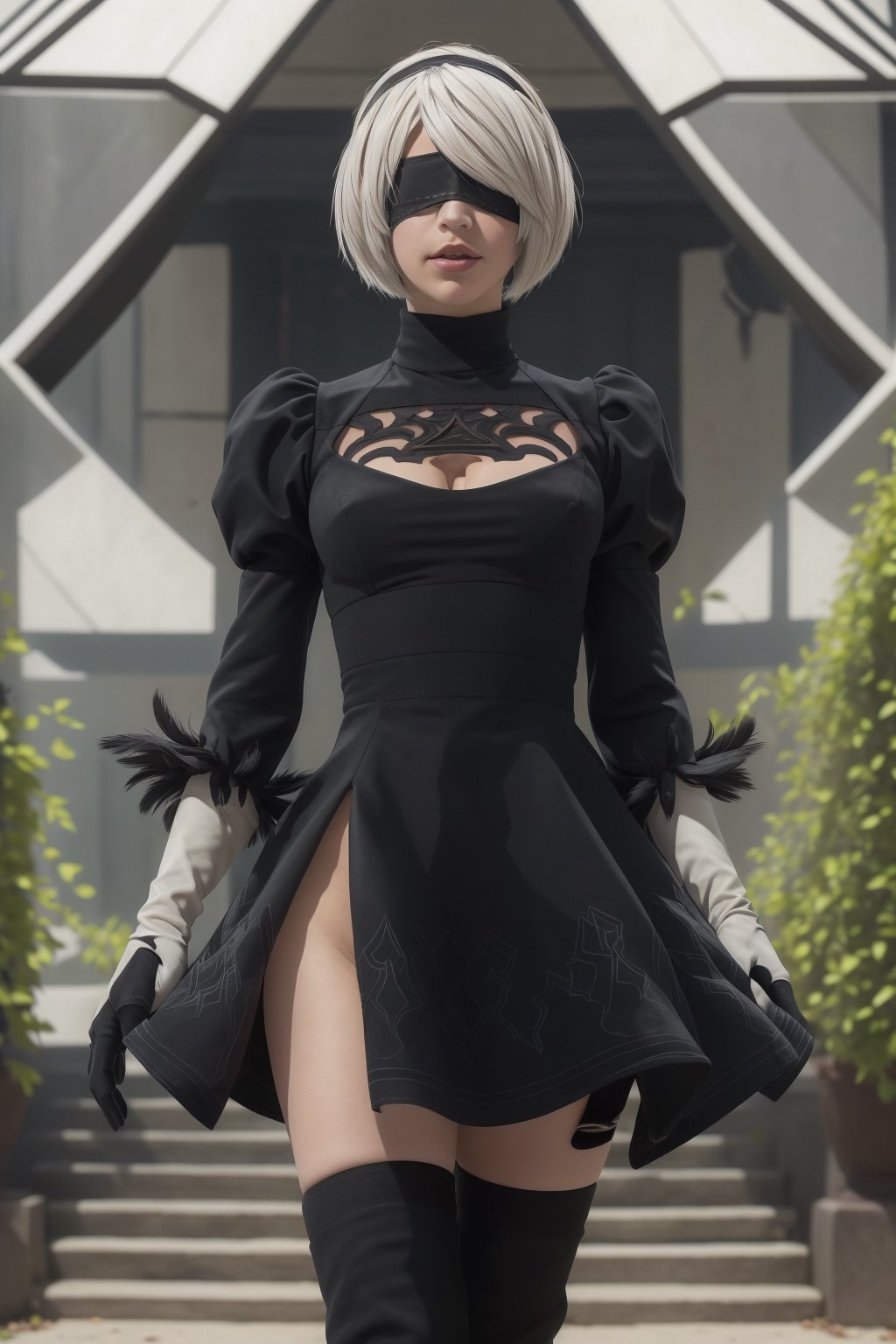 masterpiece, best quality, highres, 18yo girl 2B, Nier automata, blindfold, long sleeves, puffy sleeves, juliet sleeves, feather trim, black thigh-high boots, black gloves, black dress, black skirt, black hairband, yorha no. 2 type b, n_2b, Beautiful, close-up view , Headshot picture