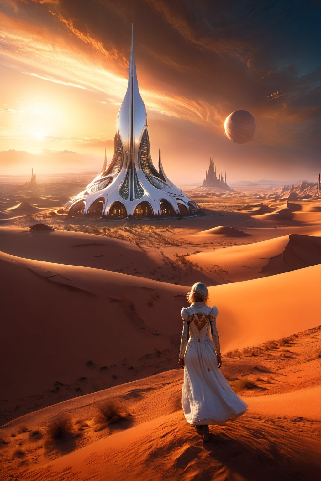 (best quality, highres, masterpiece:1.2), ultra-detailed, photorealistic:1.37, a girl in a white dress walking away, an alien desert, a towering alien structure in the distance, the bottom of the tower is slender and has a large residential area on top, sunset. The sun is setting behind the tower.,Star,Renaissance Sci-Fi Fantasy,photo r3al