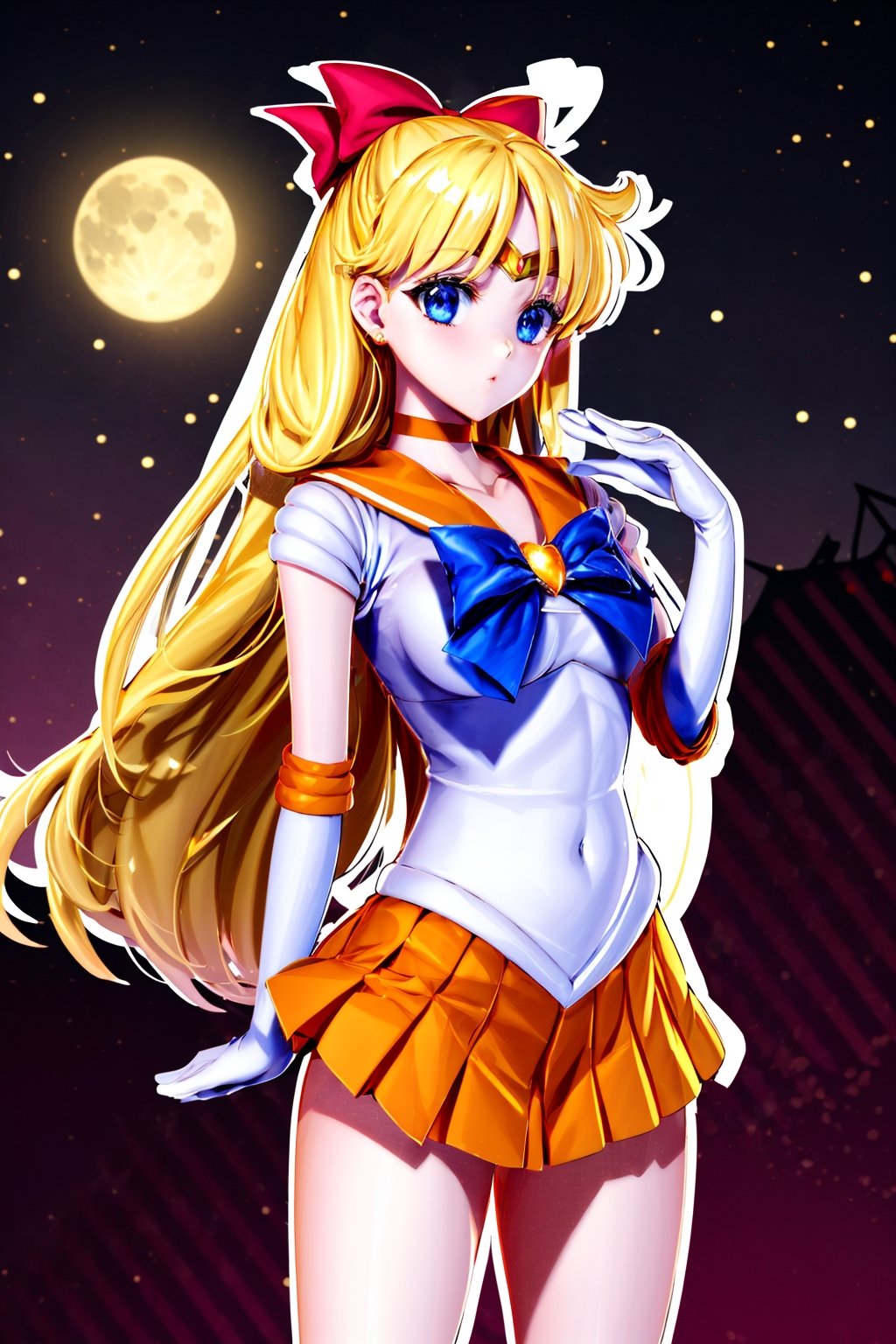 outline, masterpiece, best quality, highres, sv1, sailor senshi uniform, orange skirt, elbow gloves, tiara, pleated skirt, miniskirt, red bow, orange choker, white gloves, jewelry, , city, night, moon, cowboy shot, standing, 