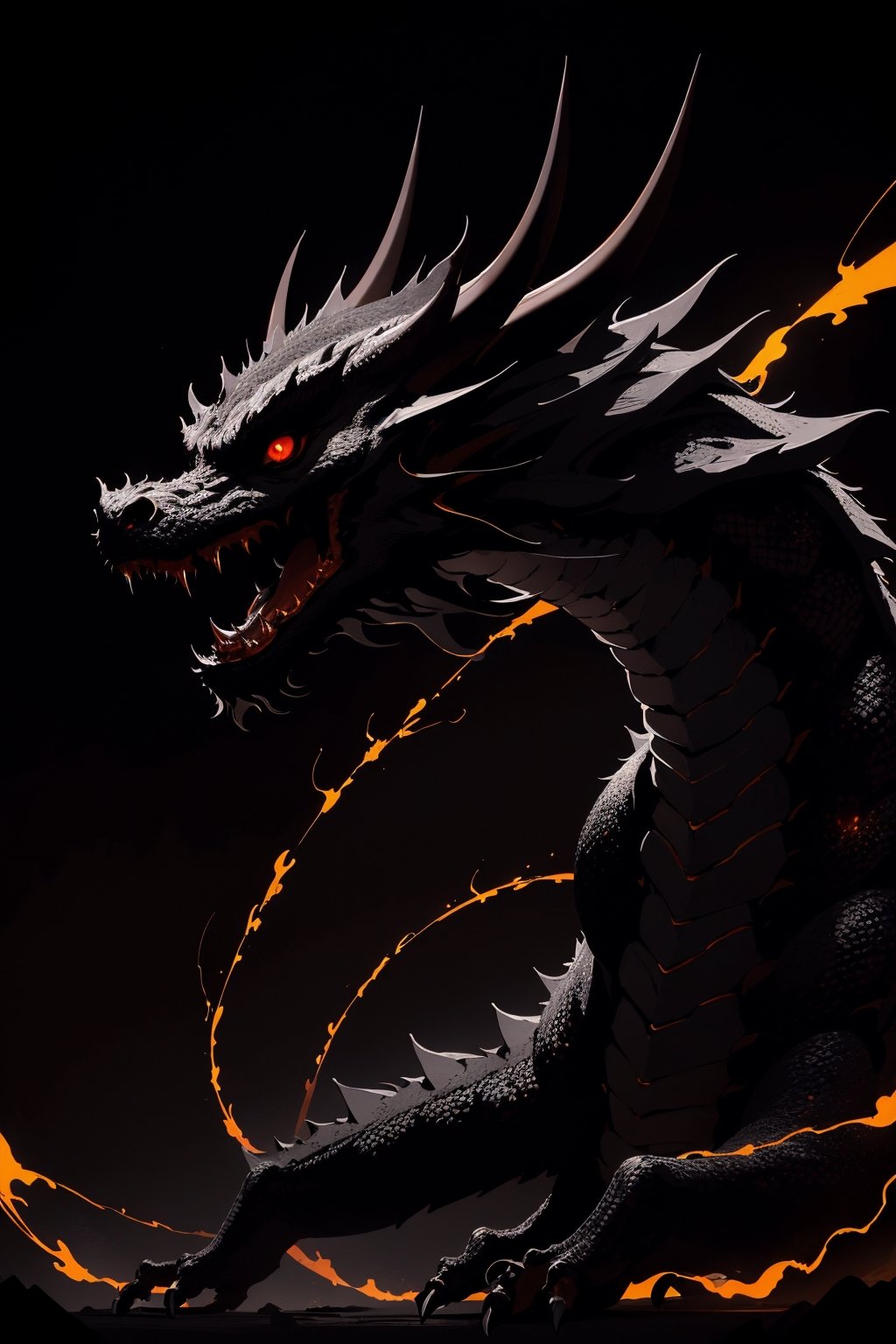 Ultra high resolution image of a black dragon, (black:1.5),1 dragon, A black dragon, glowing eyes, red eyes,dragon-themed, complex background, night, dark, darkness, ,dragonbaby, dragon tails, horns ,long (dark background:1.5), black background, (mouth with sparks and smoke), lightning on face