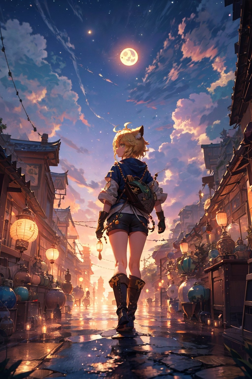 1girl, solo, blonde hair, gloves, jewelry, closed mouth, standing, full body, green eyes, ahoge, boots, outdoors, sky, black gloves, short pants, cloud, necklace, black footwear, night, moon, building, night sky, scenery, black moon, beads, lantern, architecture, east asian architecture, bead necklace, paper lantern, rooftop,High detailed ,joyml, animal_ears, animal_tail, back view,Night scene