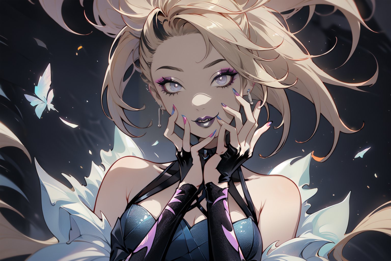 (masterpiece, top quality, best, official art, beautiful and aesthetic:1.2), looking up, Smoky eyes, Female, Long black and blonde hair,  Black lips, Black lipstick,  White Glowing eyes, Prismatic makeup,  High heels,  Short gloves, touching face, hands on face, stroking face,  Smile, earrings, piercings, accessories, league of legends, 1 girl, solo,,akali