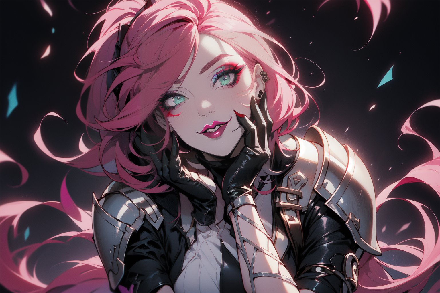 (masterpiece, top quality, best, official art, beautiful and aesthetic:1.2), looking up, Smoky eyes, Female, Long dark red hair, ponytail, Black lips, Black lipstick,  White Glowing eyes, Prismatic makeup,  High heels,  Short gloves, touching face, hands on face, stroking face,  Smile, earrings, piercings, accessories, league of legends, 1 girl, solo,KATARINA, harness, green eyes, armor,