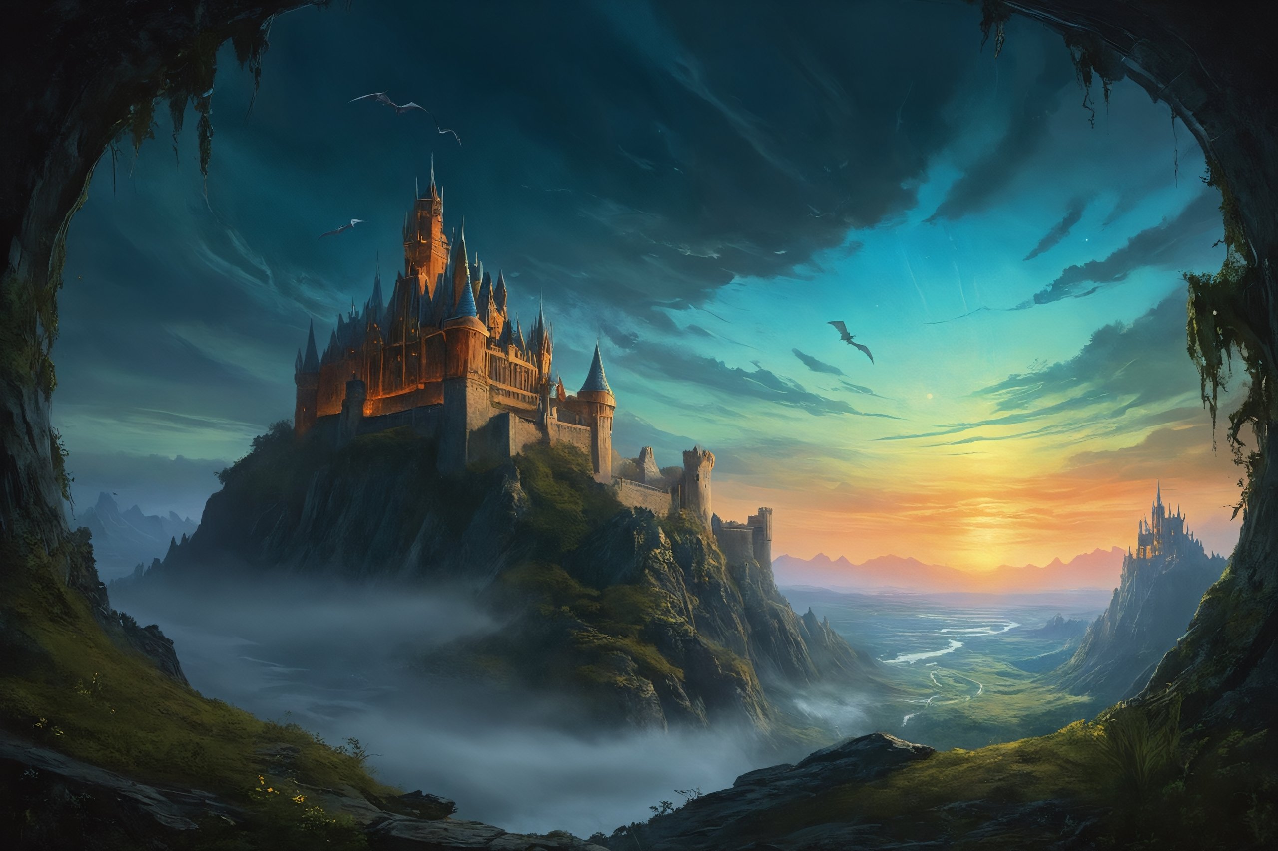 Create a striking image of a fantastical landscape where majestic dragons soar through the skies. On the horizon, a dying sun paints the sky in hues of fire and ice, forming a surreal color palette. The dragons, adorned with iridescent scales that capture the twilight light, fly in breathtaking formations over an ancient castle now overgrown with lush vegetation. The castle's architecture, with crumbling towers and broken windows, tells the tale of a forgotten kingdom. The wind carries traces of magic, and on the ground, bioluminescent plants illuminate the earth. The composition should focus on the grandeur of the dragons and the merging of magical elements with the decay of time. Incorporate details such as the glow of scales, the luminescence of plants, and the mystical atmosphere of the place. Ensure the image has an artistic and epic touch, emphasizing the duality between antiquity and fantastical wonder,darkart,realistic