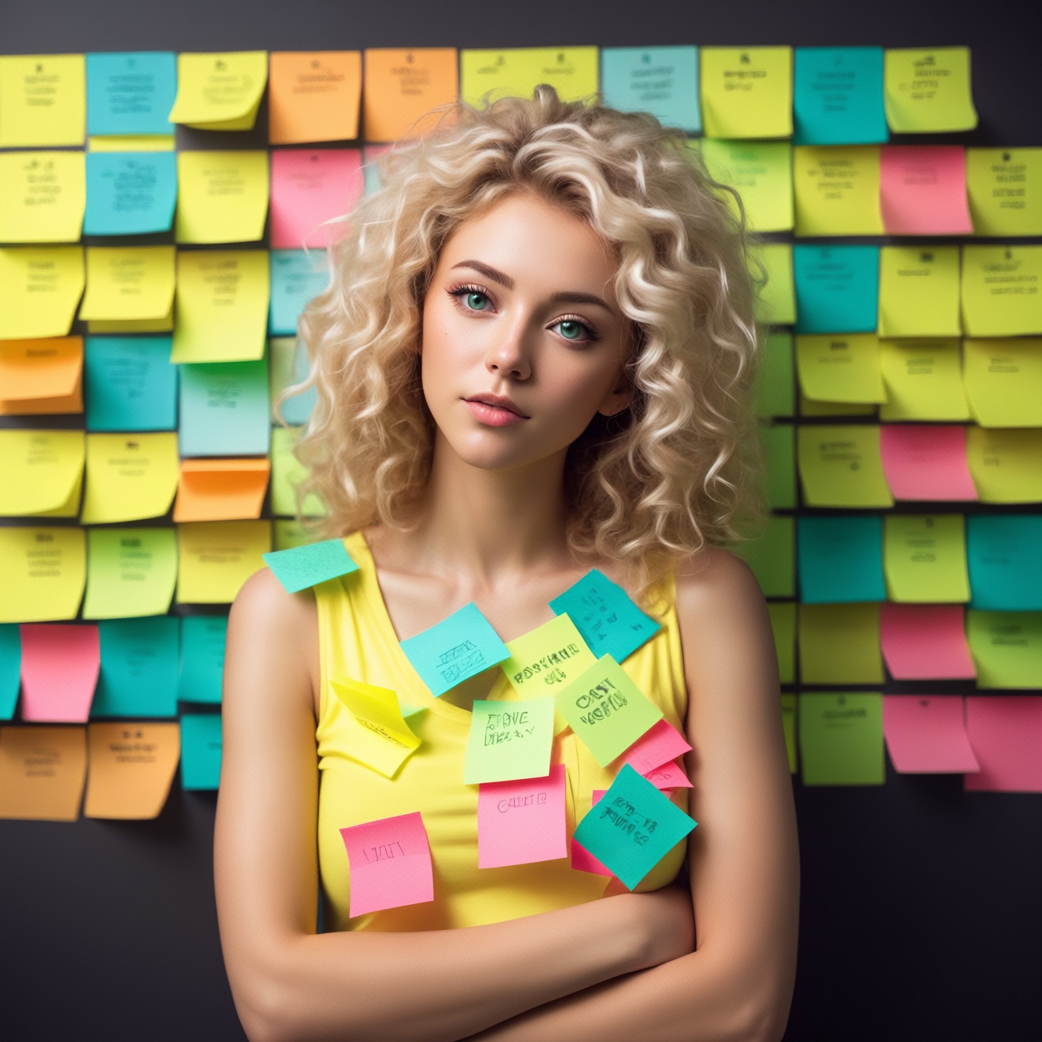 beautiful woman with blond curly hair and fluffy, looking off into the distance with green eyes, (hair covered in multi-colored post-it notes:1.8), outfit made out of post-it notes, post-it notes covering chest and arms, background has two walls with multi-colored post it notes
,text logo