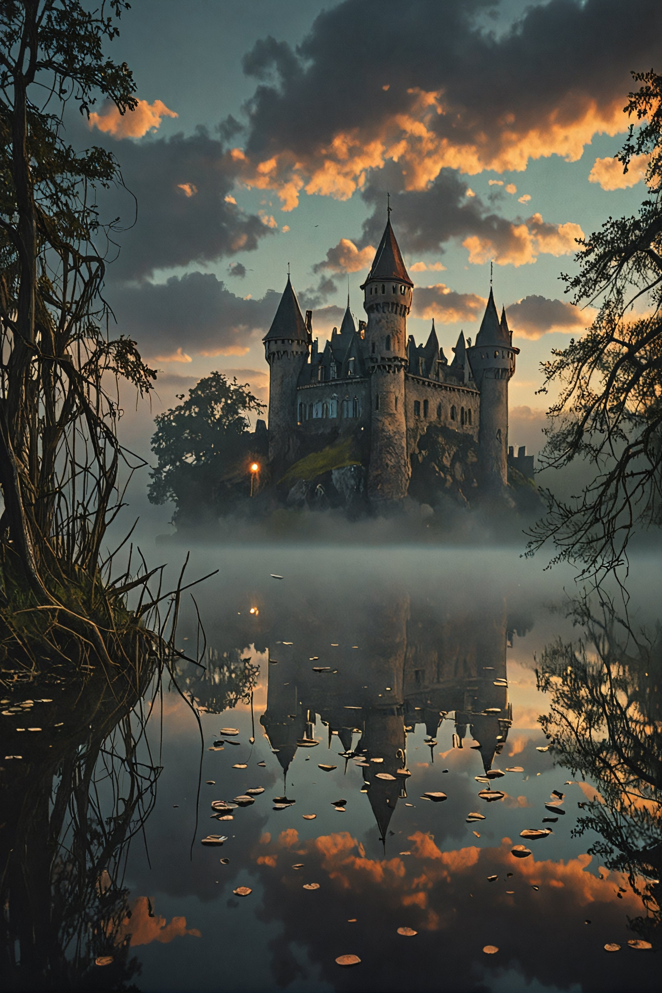 Horror-themed , create a picture of a mystical scene with a small castle in the middle of a calm lake. Create an extraordinary atmosphere with fog that envelops the castle and its surroundings. Highlight the reflection of the castle and the mist on the calm surface of the water. Illuminate the scenery with a dramatic sky showing celestial phenomena or intense cloud formations. Emphasize the magical and fantastical elements to create a captivating image that transports the viewer into a world of enchantment.
 , Ultra-HD-details, true to life, HDR image, High detail resolution, high detailed cloth, cinematic lighting, realistic, sharp focus, (very detailed), ((4K HQ)), depth of field, f/1.2, Leica, 8K HDR, High contrast, bokeh, realistic shadows, vignette, epic, . Eerie, unsettling, dark, spooky, suspenseful, grim, highly detailed
