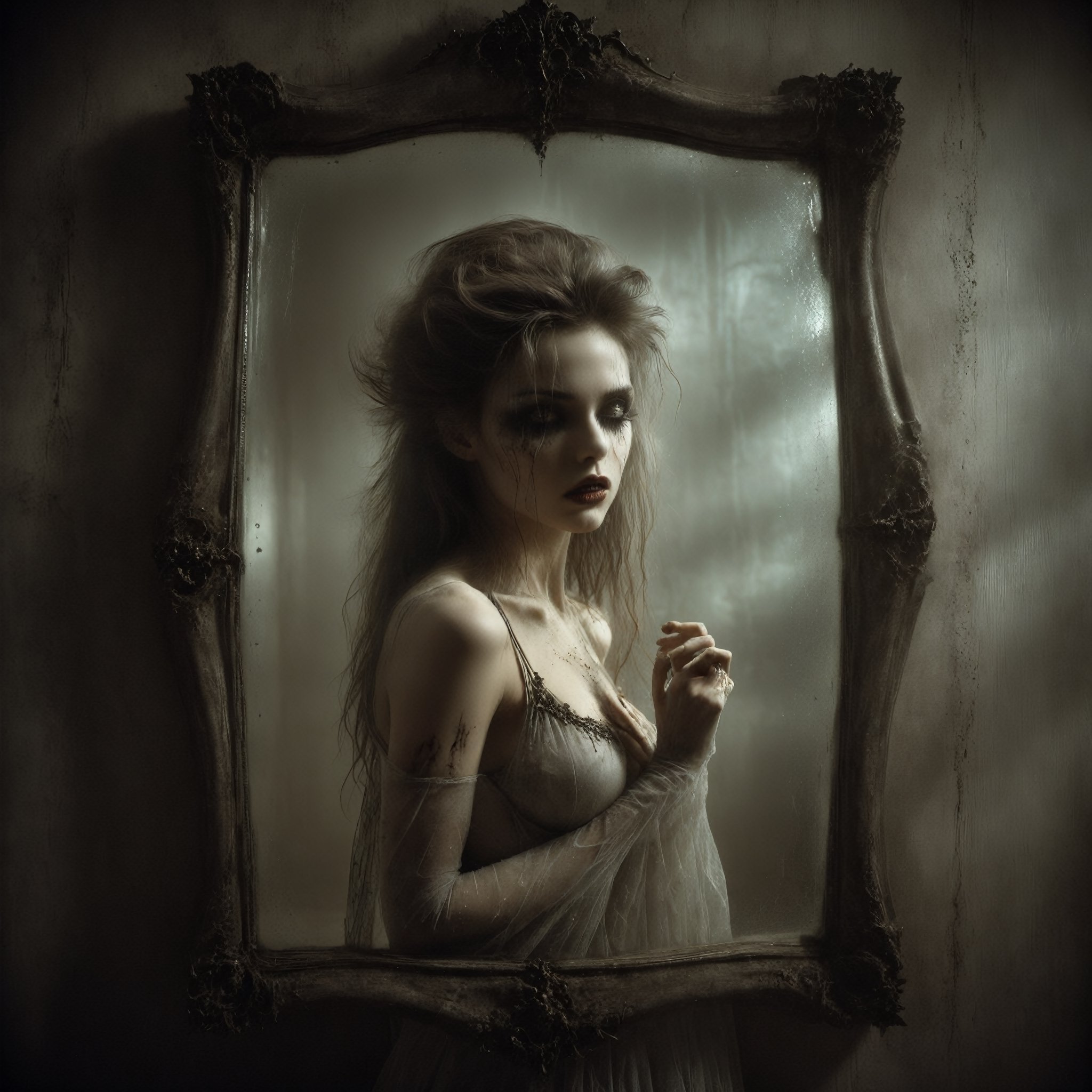 In the dimly lit vintage-style bedroom, the reflection of an attractive young woman comes to life in a large mirror that bears the scars of time—a surface marred by dirt, dust, and visible cracks. Through the obscured reflection, the alluring figure of the young woman is adorned in transparent garments, adding an air of mystery and sensuality to the scene. The combination of the aged mirror and the woman's captivating presence creates a visual narrative that transcends time and tells a story of both elegance and decay,Luis Royo,Movie Still,darkart, Victoria Frances style, dark, terrifying, vampiric,DissolveSdxl0,Contained Color