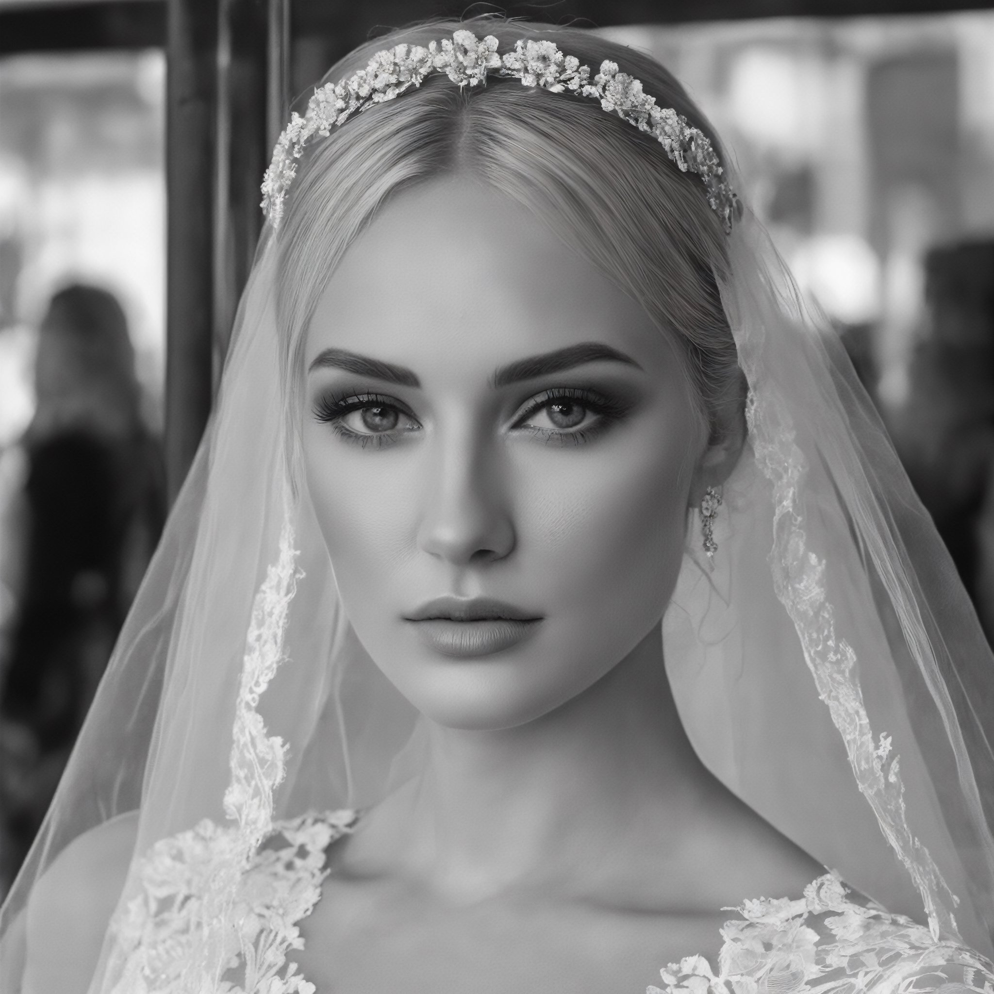 Create a monochrome portrait of beautiful blonde shop window mannequin dressed as a bride,  ((rectangular face)), close up , detail plan, detail plan of eyes, hair covering eye, dark make up, dark shadowing,nostalgic picture,Realism, film photography,DonM4lbum1n,Clear Glass Skin,photo r3al