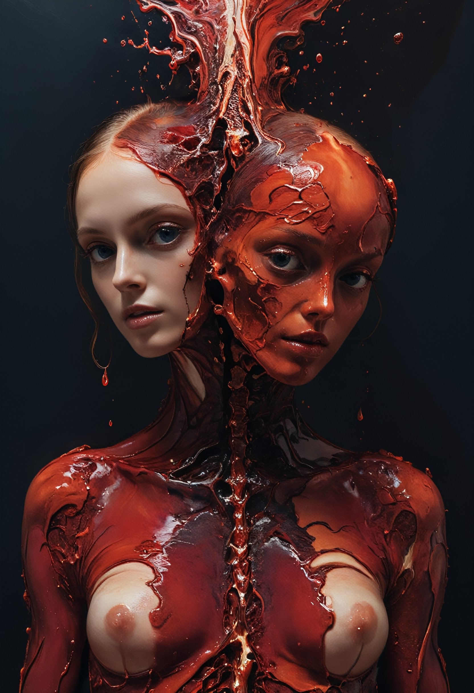 Super Closeup Portrait, Capture the structured melting of two liquids, each adorned in fleshy red hues, as they gracefully meld a human together a spectacle of intertwining viscosities, where the bones and flesh elements weave a kaleidoscopic tapestry of daker shades.
very detailed, hd, RAW photograph, masterpiece, top quality, best quality, official art,highest detailed, atmospheric lighting, cinematic composition, complex multiple subjects, 4k HDR, vibrant, highly detailed, Leica Q2 with Summilux 35mm f/1.2 ASPH, Ultra High Resolution, wallpaper, 8K, Rich texture details, hyper detailed, detailed eyes, detailed background, dramatic angle, epic composition, high quality , (8k, RAW photo, highest quality), hyperrealistic,
, 