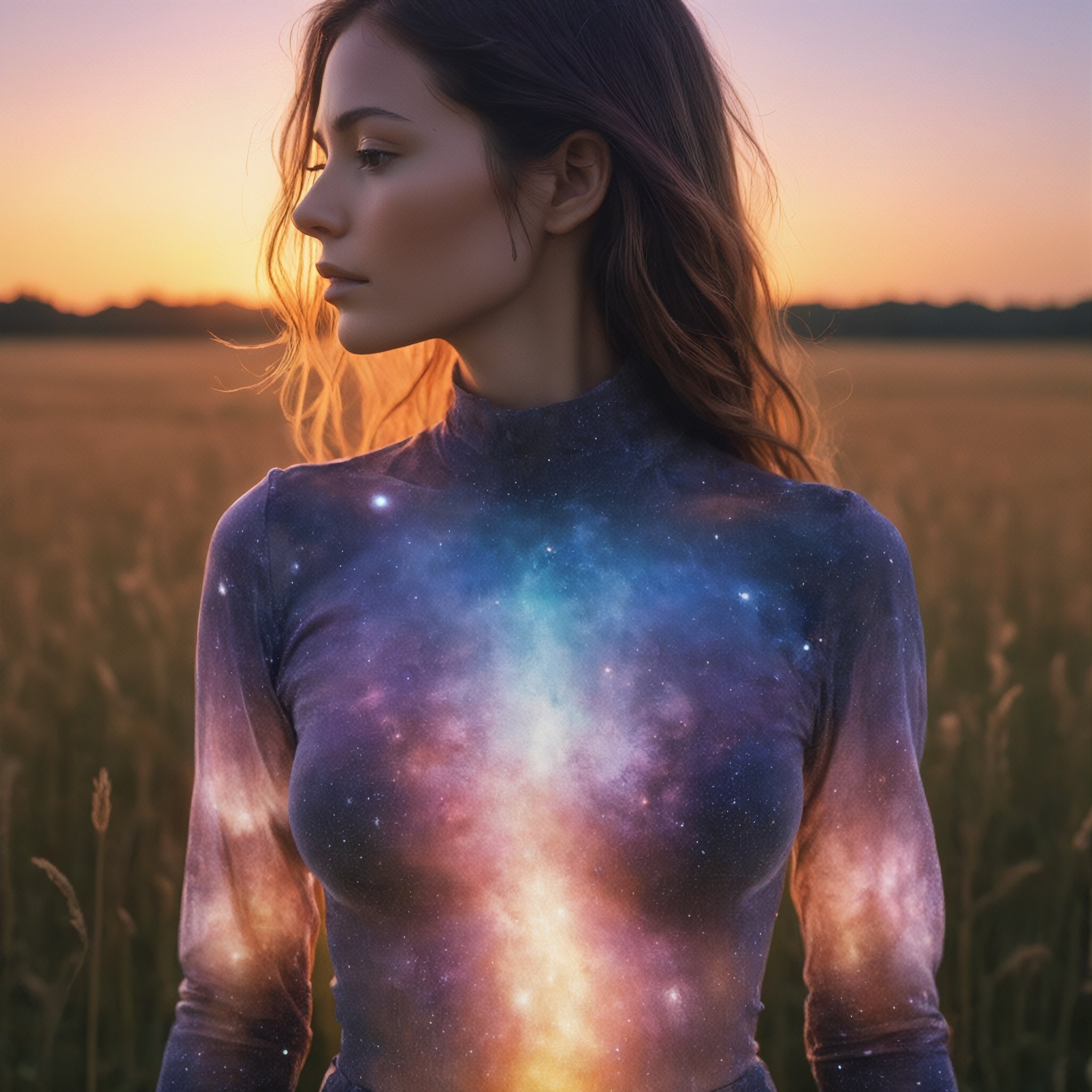 A close up fantastic image of a woman's outline containing the entire galaxy inside of her, as she stands in a field in summer at sunset, a soft aura surrounding her
