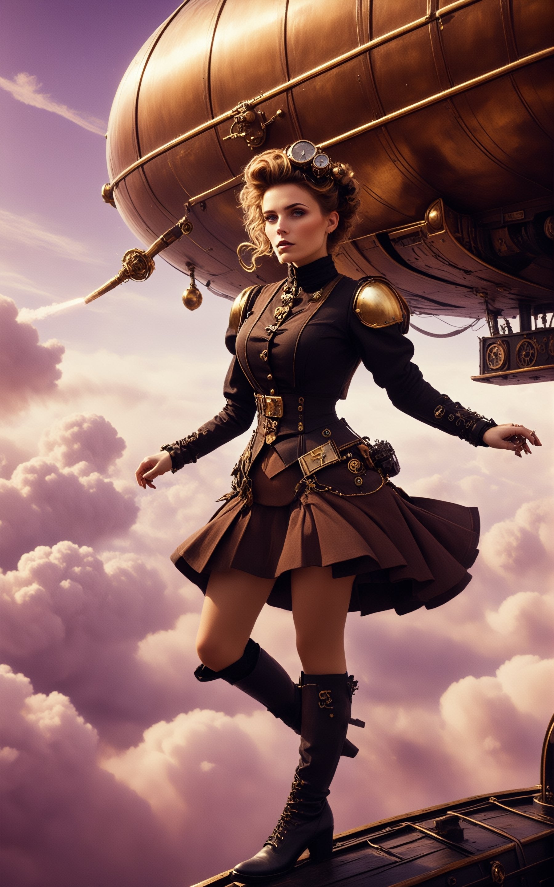 (style of [Cathleen McAllister|Ilya Kuvshinov|Loish|Daniela Uhlig|Ross Tran]:0.7), (solo-focus, cinematic photoshoot of perfect seductive young woman riding Steampunk Airship:1.3), majestic steampunk airship adorned with intricate brass gears and glowing steam vents, navigating through a sky streaked with amber and violet hues, amidst floating islands and surreal cloud formations.
