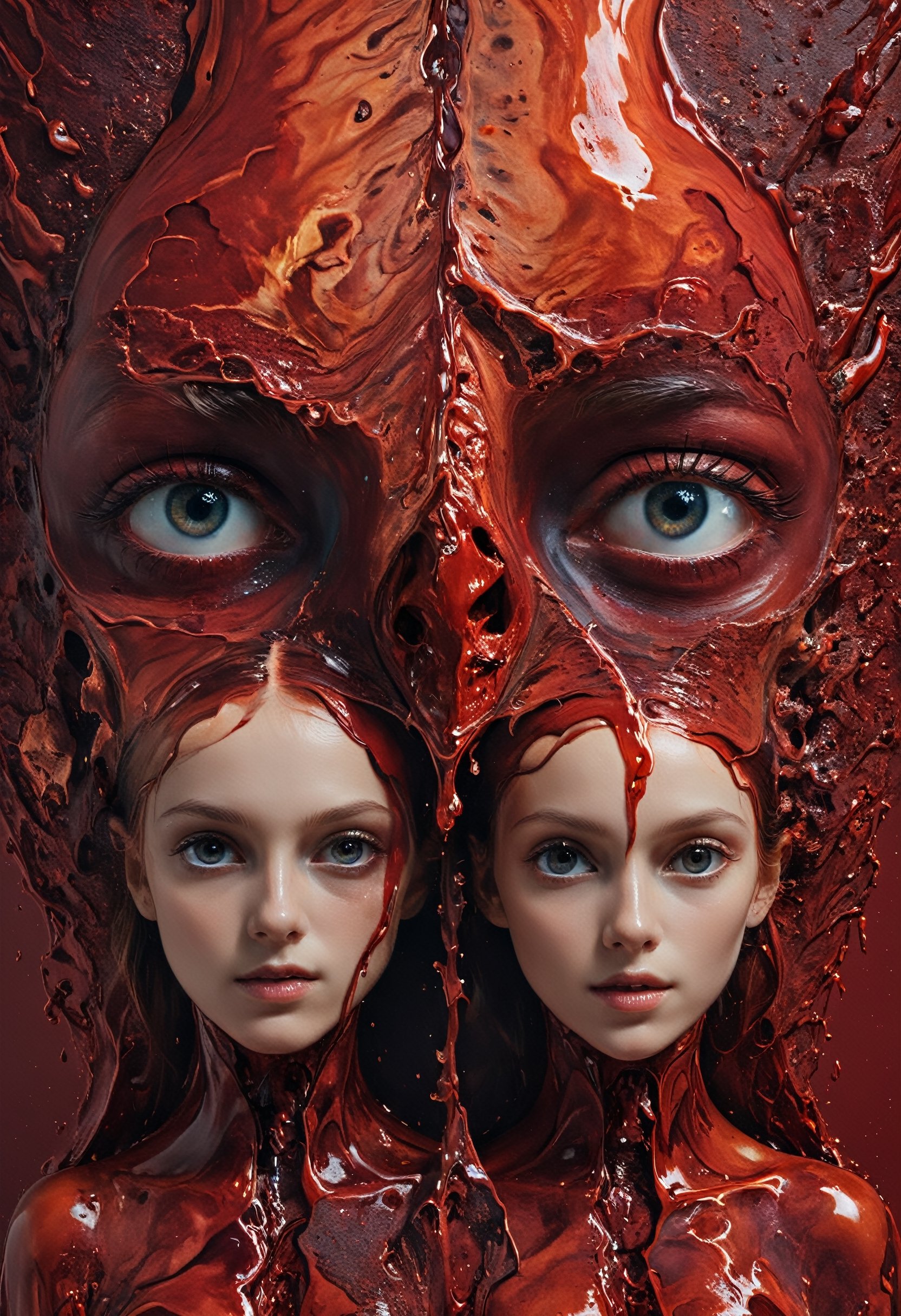 Super Closeup Portrait, Capture the structured melting of two liquids, each adorned in fleshy red hues, as they gracefully meld a human together a spectacle of intertwining viscosities, where the bones and flesh elements weave a kaleidoscopic tapestry of daker shades.
very detailed, hd, RAW photograph, masterpiece, top quality, best quality, official art,highest detailed, atmospheric lighting, cinematic composition, complex multiple subjects, 4k HDR, vibrant, highly detailed, Leica Q2 with Summilux 35mm f/1.2 ASPH, Ultra High Resolution, wallpaper, 8K, Rich texture details, hyper detailed, detailed eyes, detailed background, dramatic angle, epic composition, high quality , (8k, RAW photo, highest quality), hyperrealistic,
, 