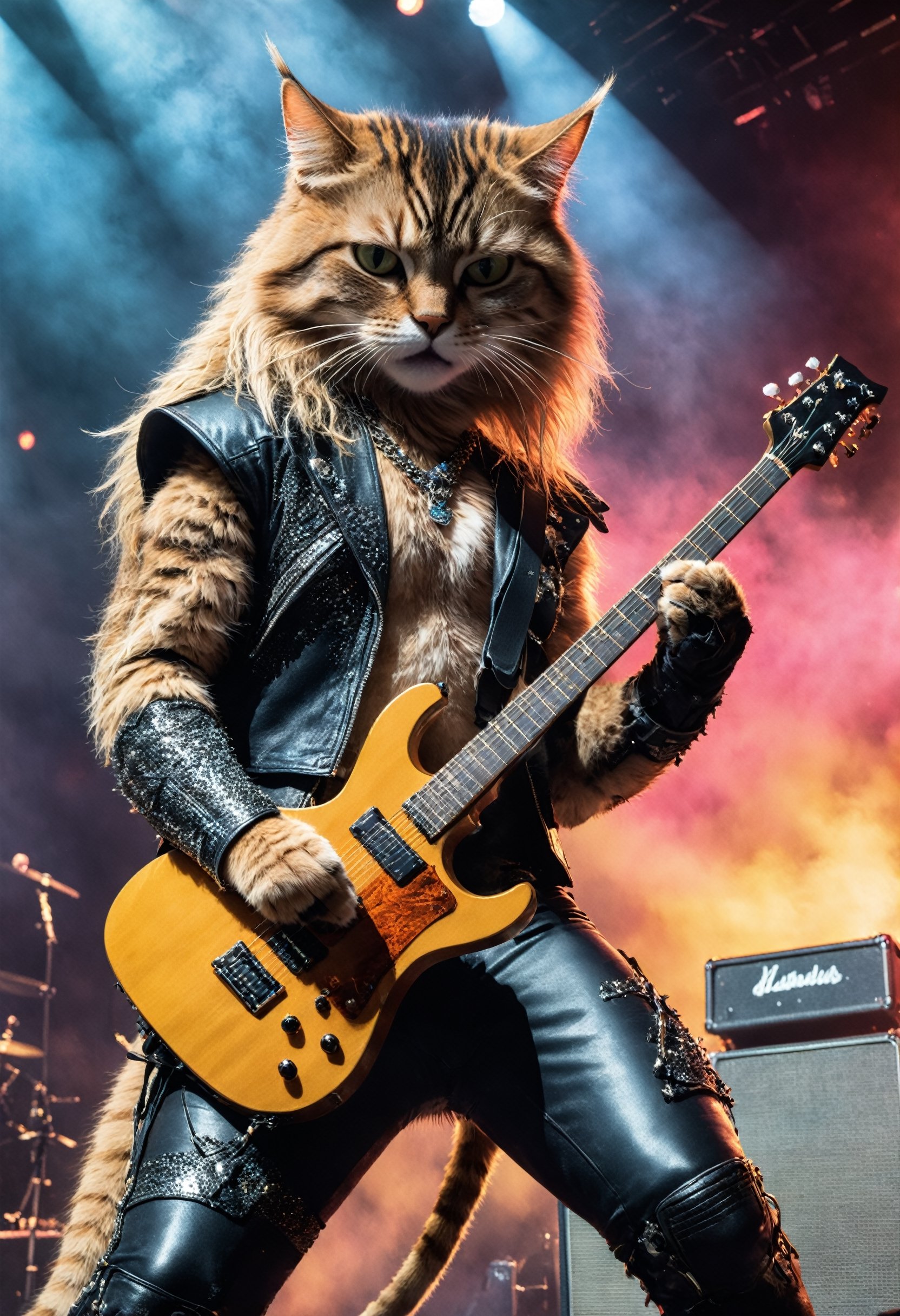 a 1980s hair glam metal cat playing axe guitar, concert, stage, arena,
photography, very realistic
