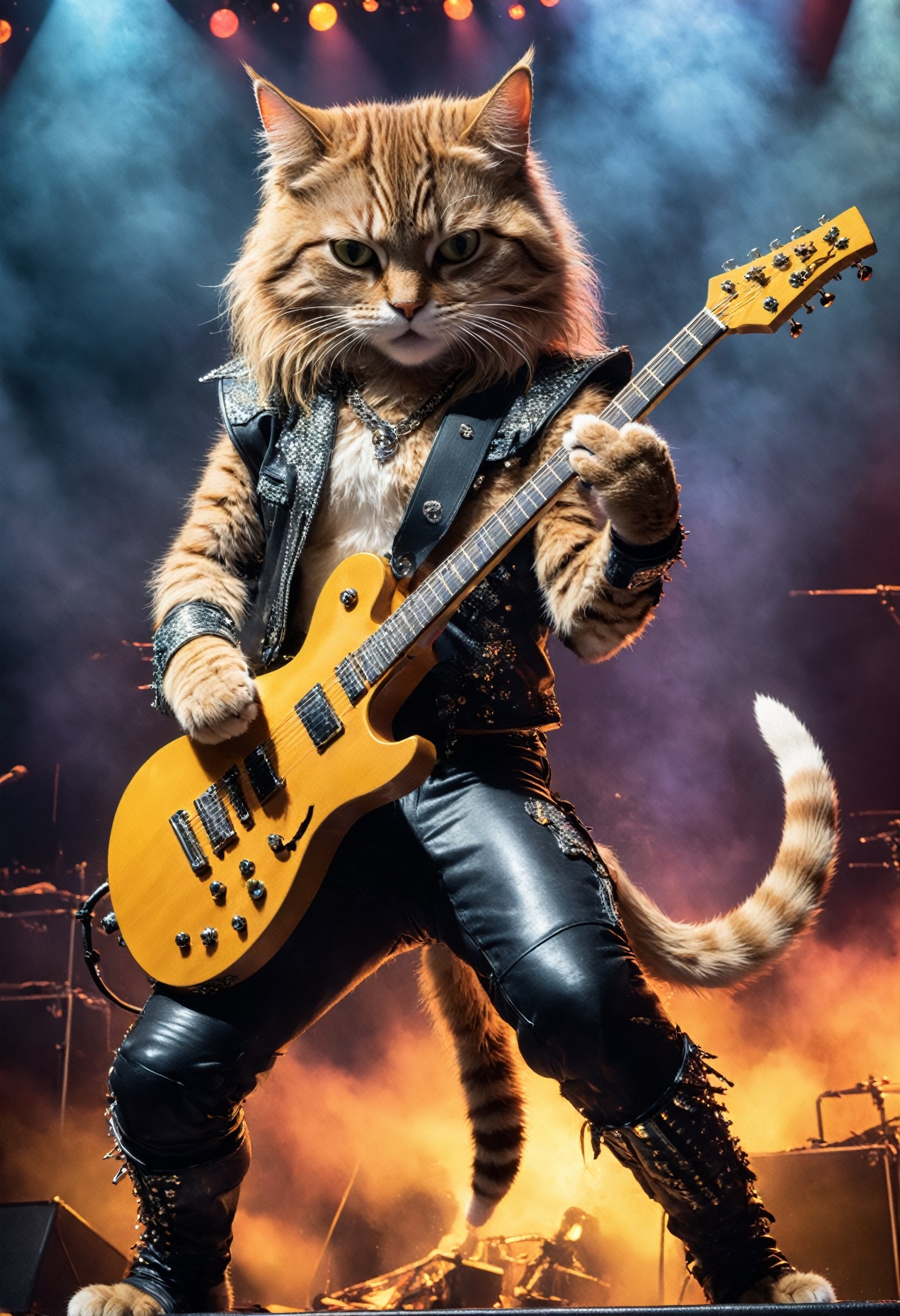 a 1980s hair glam metal cat playing axe guitar, concert, stage, arena,
photography, very realistic
