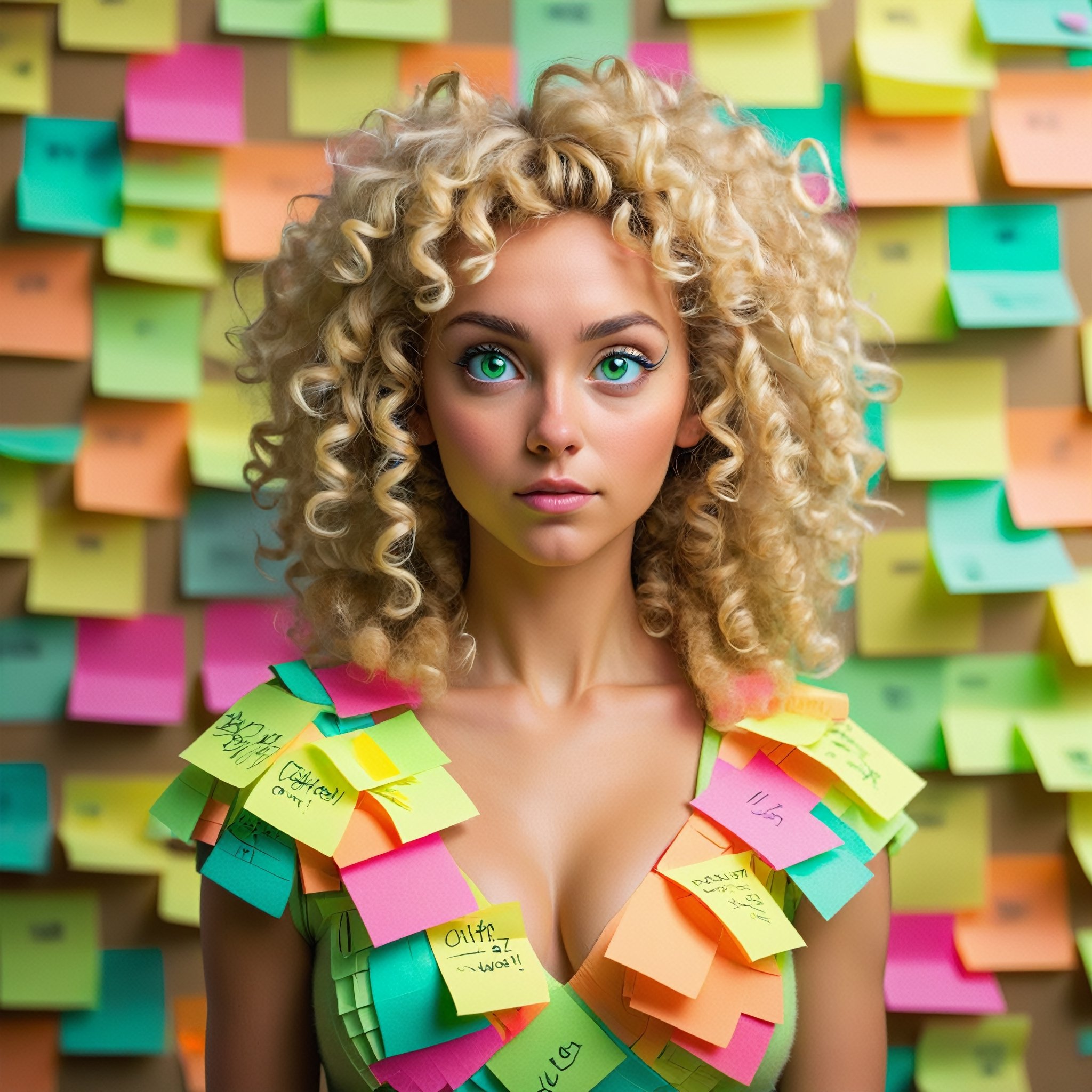 beautiful woman with blond curly hair and fluffy, looking off into the distance with green eyes, hair covered in multi-colored post-it notes, outfit made out of post-it notes, post-it notes covering chest and arms, background has two walls with multi-colored post it notes
,text logo