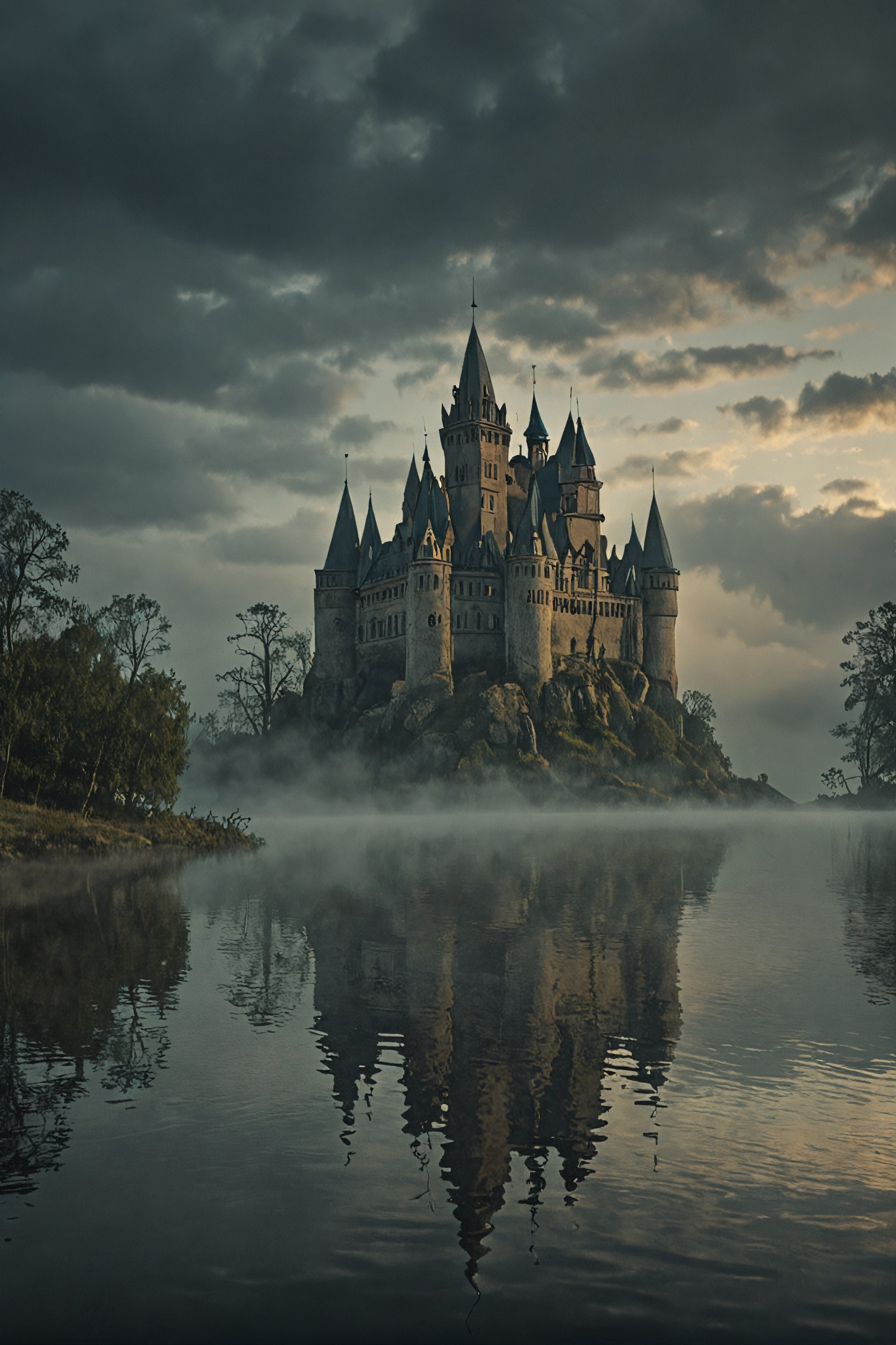 Horror-themed , create a picture of a mystical scene with a small castle in the middle of a calm lake. Create an extraordinary atmosphere with fog that envelops the castle and its surroundings. Highlight the reflection of the castle and the mist on the calm surface of the water. Illuminate the scenery with a dramatic sky showing celestial phenomena or intense cloud formations. Emphasize the magical and fantastical elements to create a captivating image that transports the viewer into a world of enchantment.
 , Ultra-HD-details, true to life, HDR image, High detail resolution, high detailed cloth, cinematic lighting, realistic, sharp focus, (very detailed), ((4K HQ)), depth of field, f/1.2, Leica, 8K HDR, High contrast, bokeh, realistic shadows, vignette, epic, . Eerie, unsettling, dark, spooky, suspenseful, grim, highly detailed
,photo r3al,Movie Still