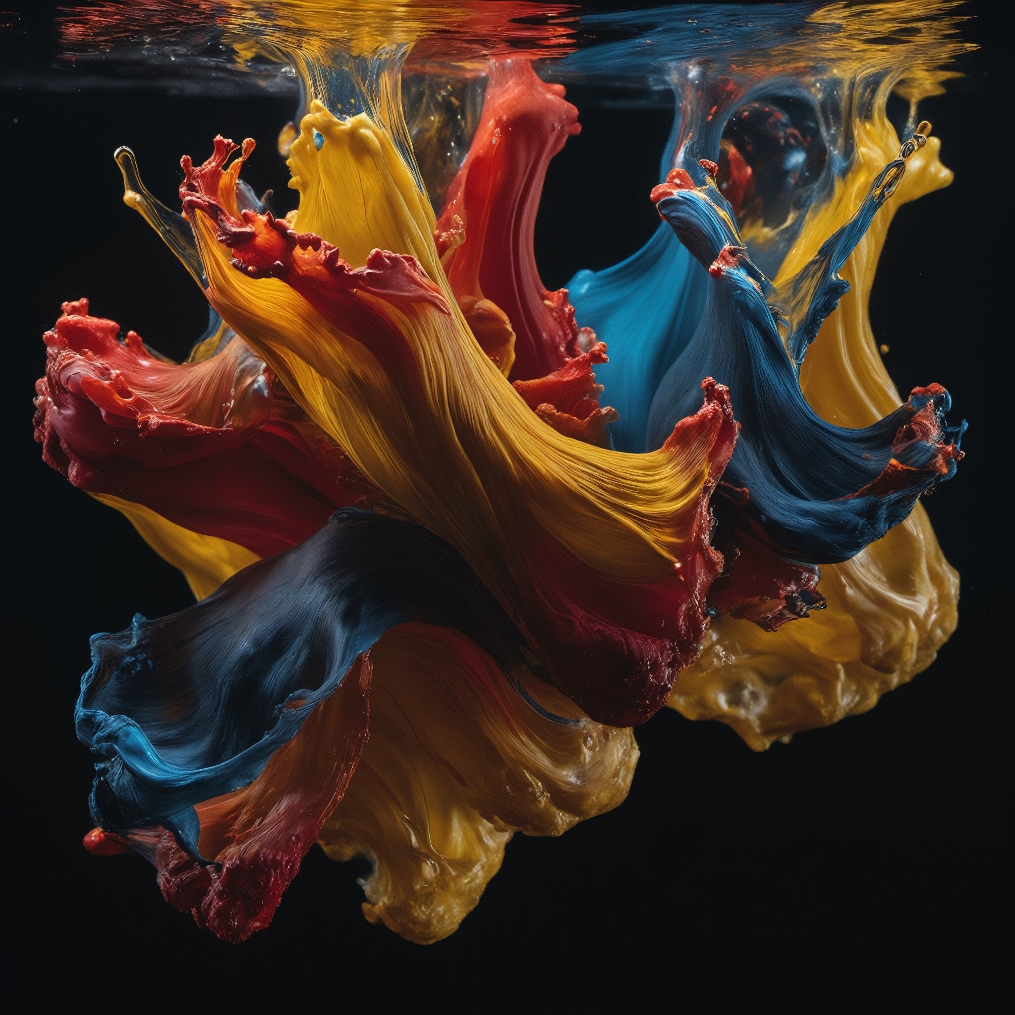 Capture the surreal beauty of a shot of oil paint submerged underwater against a dark black background. This studio photograph, shot with macro photography technique, reveals the hypnotic dance of red, yellow and blue tones of the oil paint dispersing in the water, creating an ephemeral and captivating work of art,